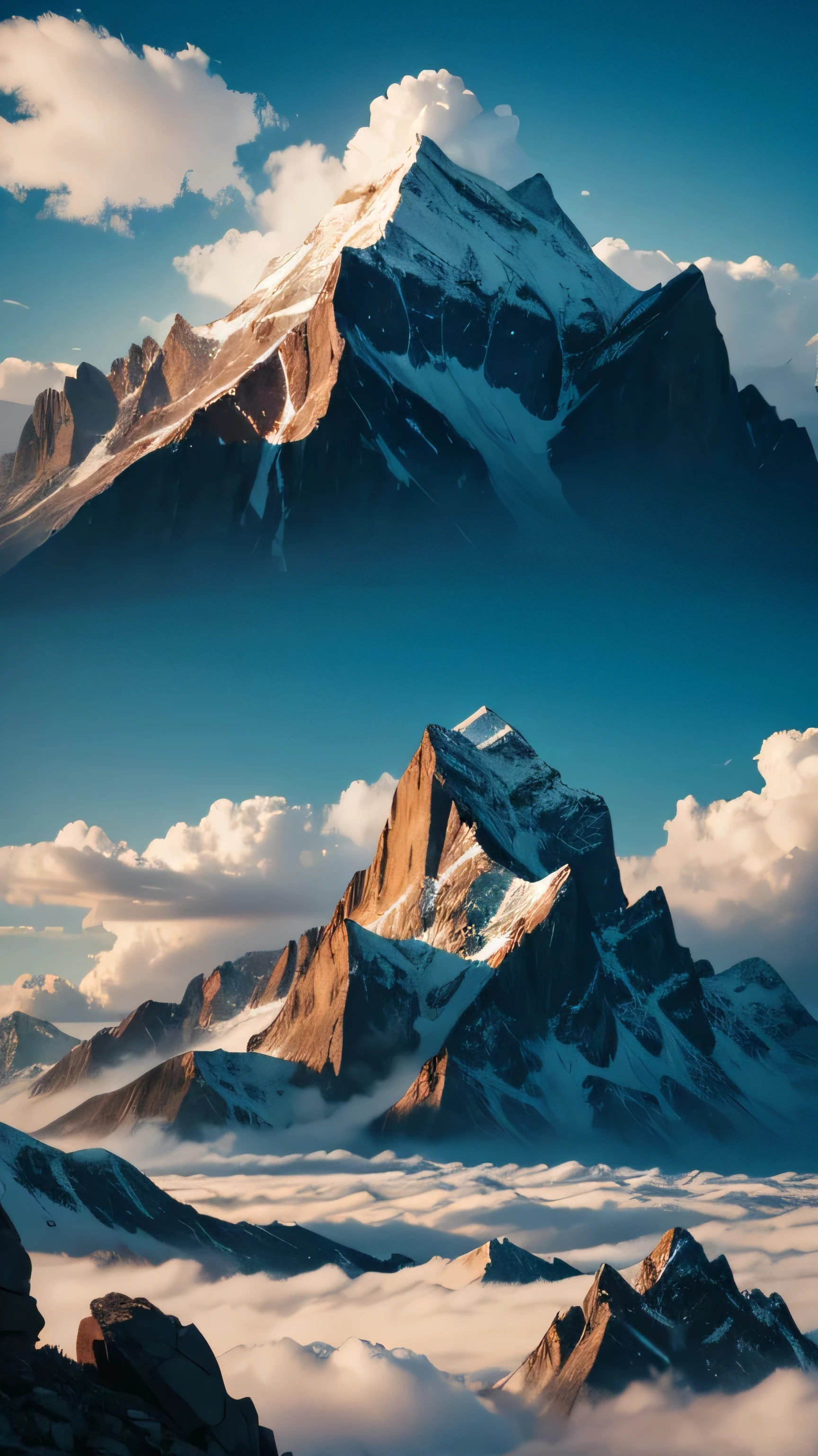 The top of a rocky mountain rising above a sea of clouds