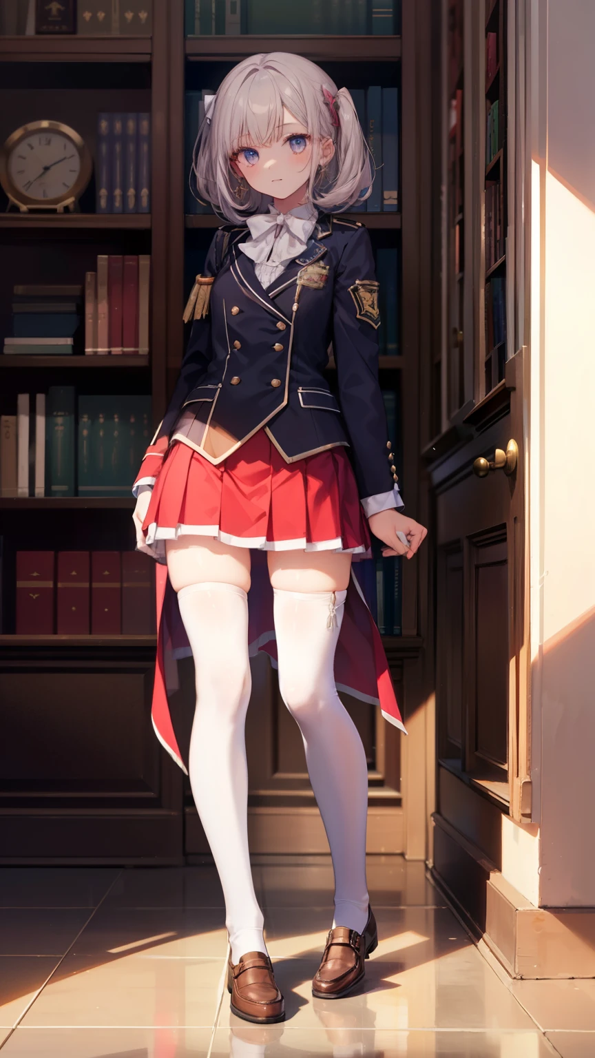 highest quality, full body portrait, delicate face, cute face, 17 year old female, slim body shape, small bust, high school uniform,double skirt suit, (((white knee high stockings))),soft light on the face,Inside the majestic library
