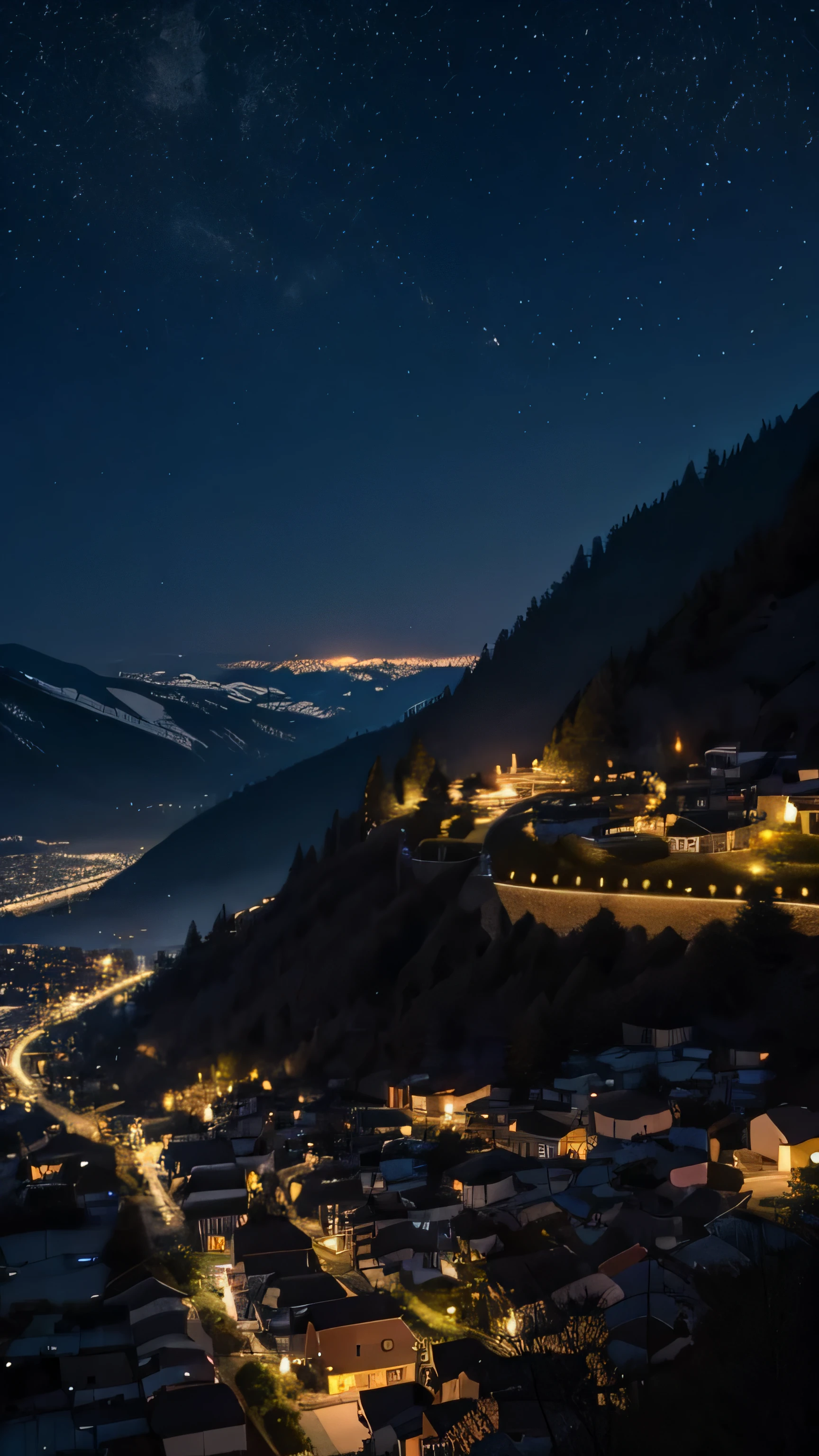 A night view dotted with lights of a small village visible in the distance