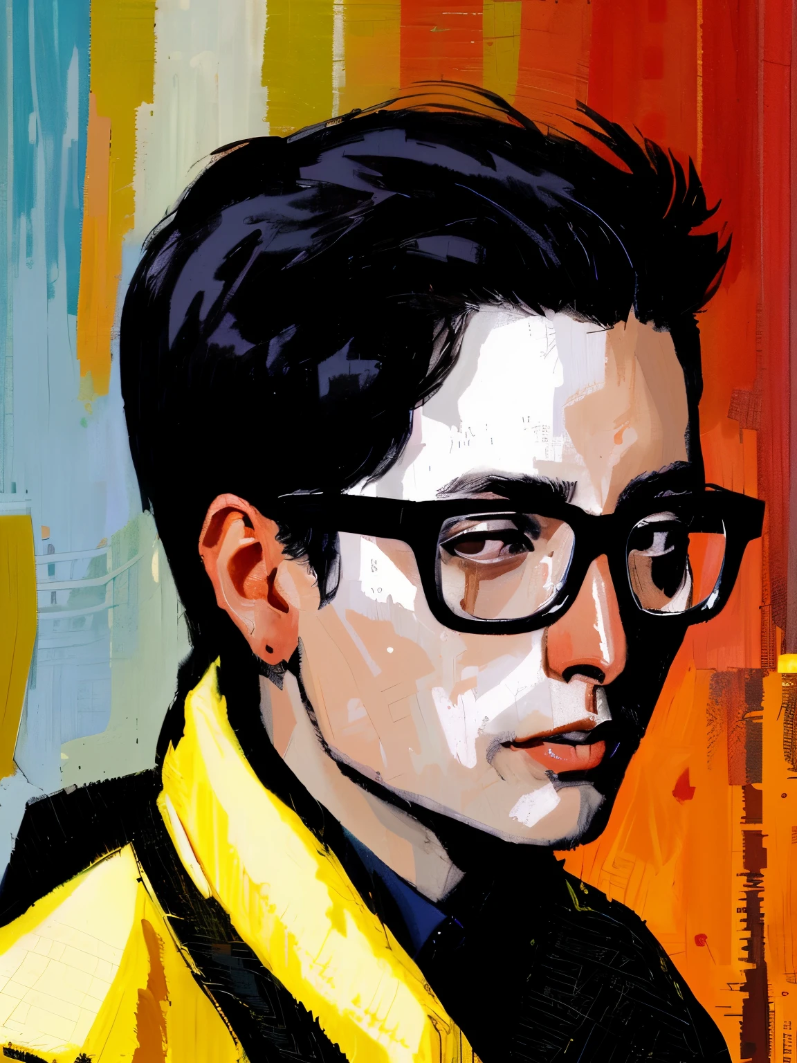 (A_Rostov_style:0.8) illustration, portrait, man wearing work jacket, short black hair, Asian，young people，wear glasses，Dynamic poses for flirting, Rough brushstrokes, soothing tone, calm colors, Artwork by Greg Rukowski and Artgerm, (intricate details:1.12), human development report, (intricate details, Super detailed:1.15)