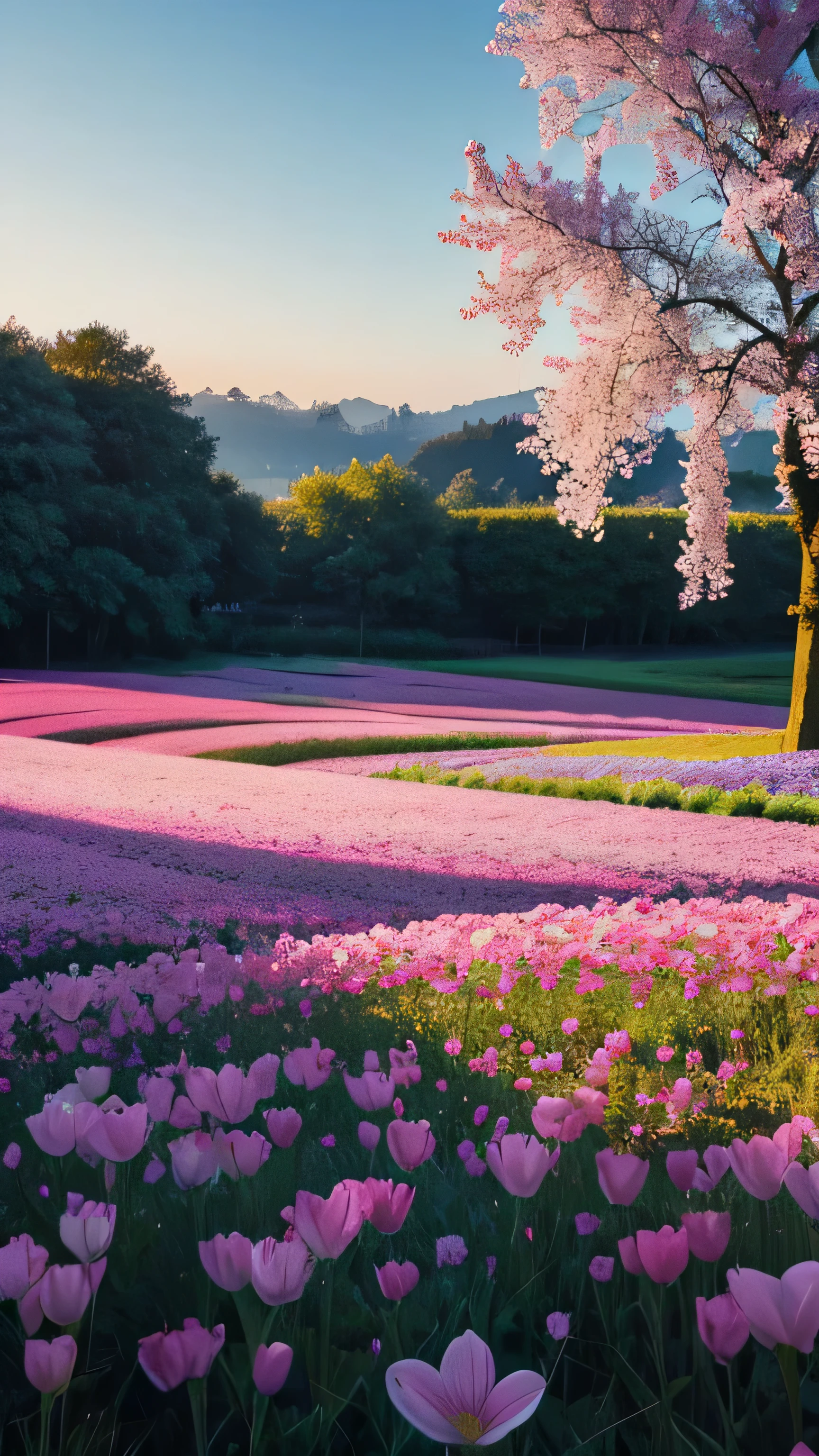 Scenery of a flower field sparkling with morning dew