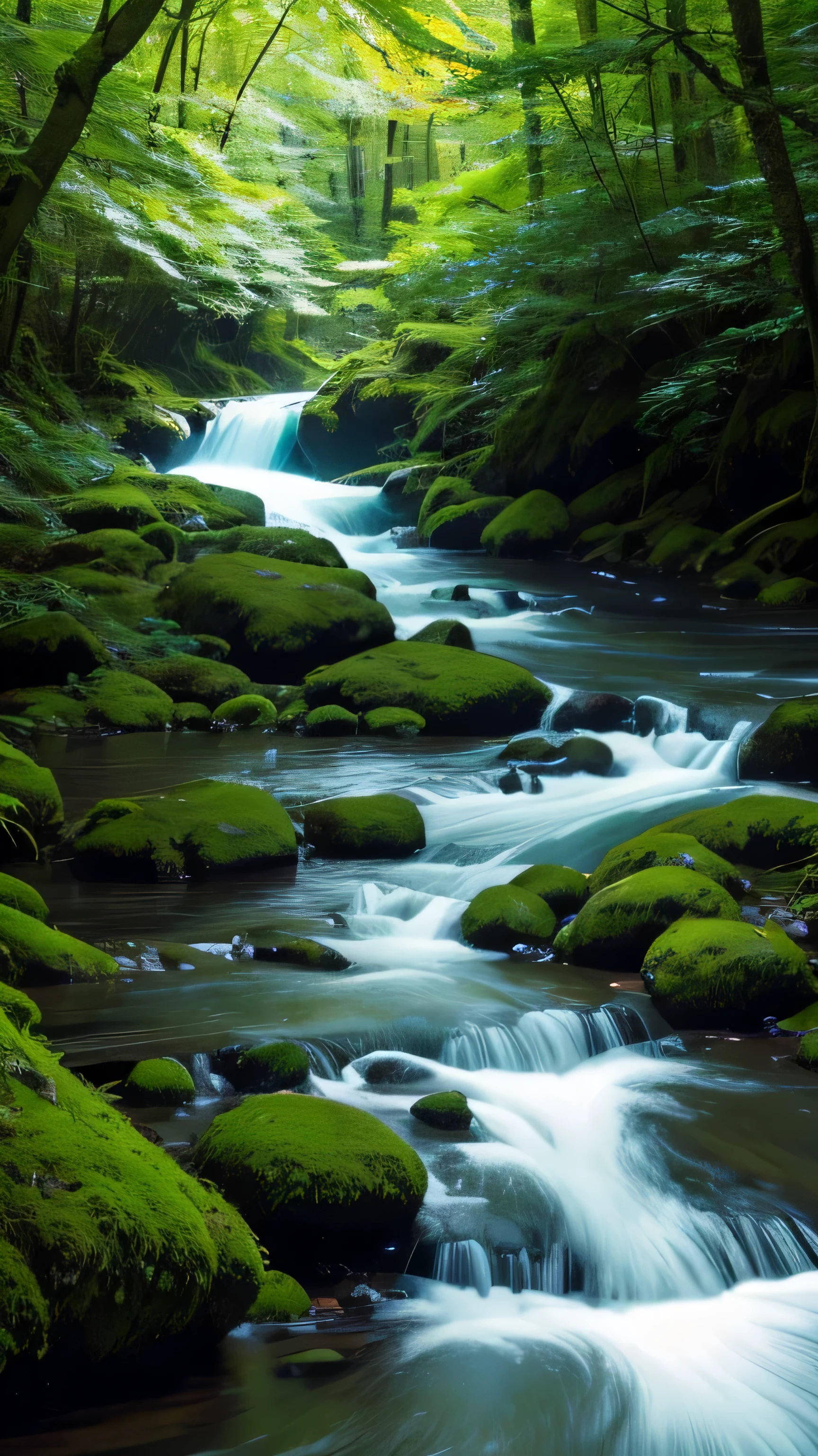green々A stream flowing through a thick forest