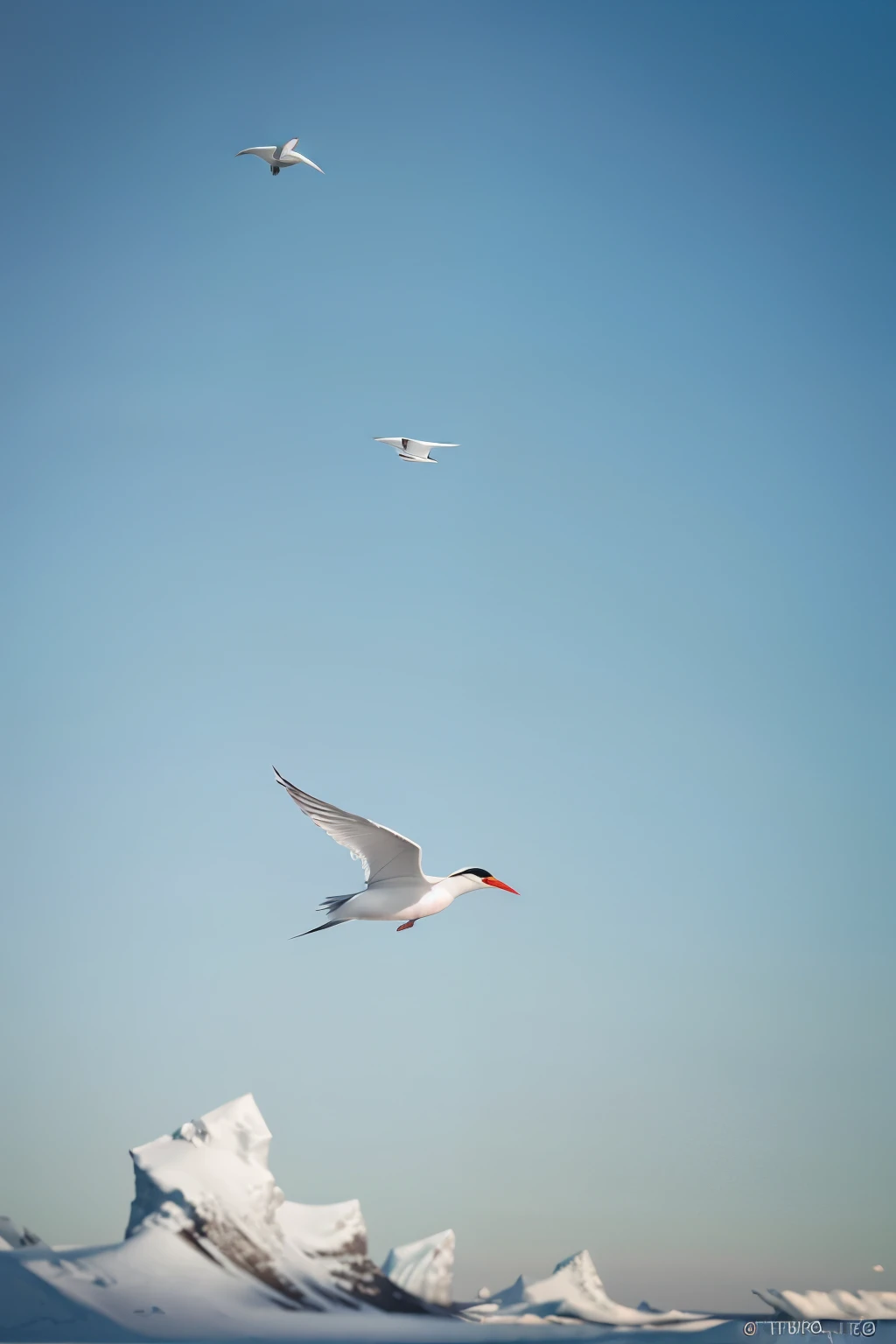 Craft a cinematic masterpiece capturing the Arctic Tern's elegant flight against the vast Arctic sky. Utilize the Nikon D850 with an 800mm lens for sweeping long shots, emphasizing the bird's graceful maneuvers.