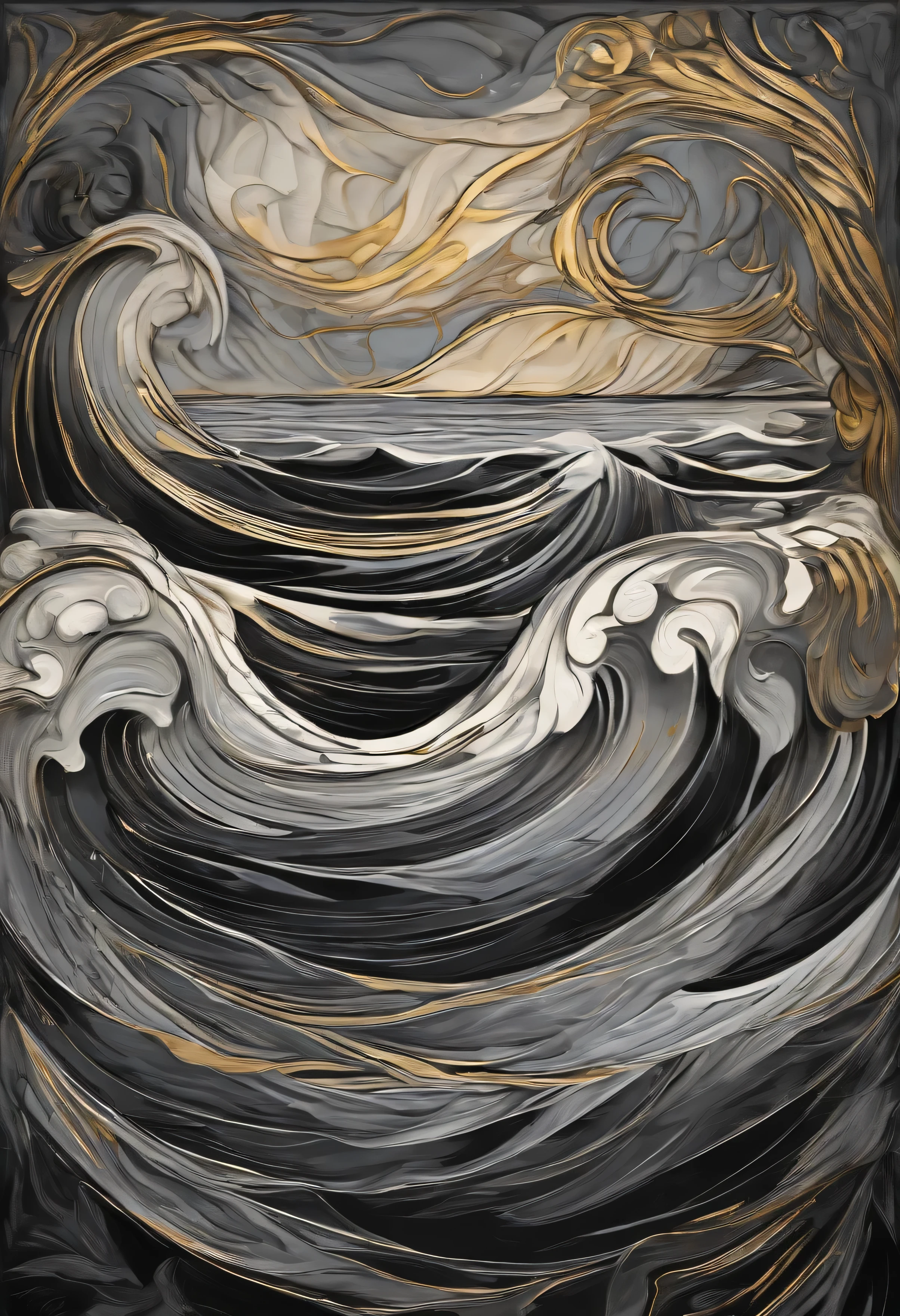 Estilo de arte de Pablo Picasso, ondas violentas do mar, Paleta de cores (Preto, Cinza, giz, ouro, prata, bronze)