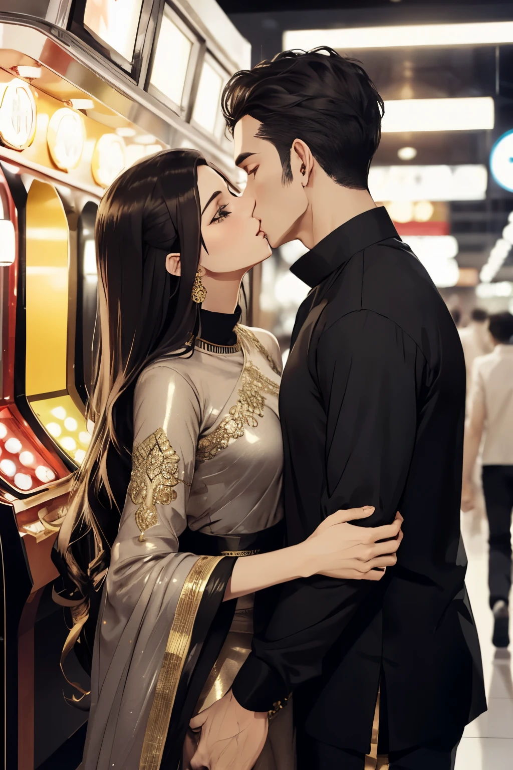 Man wearing grey and black full sleeved t shirt and black track pants kissing a sexy woman wearing a gold ethnic kurta and white pajama with gold embroidery in an arcade