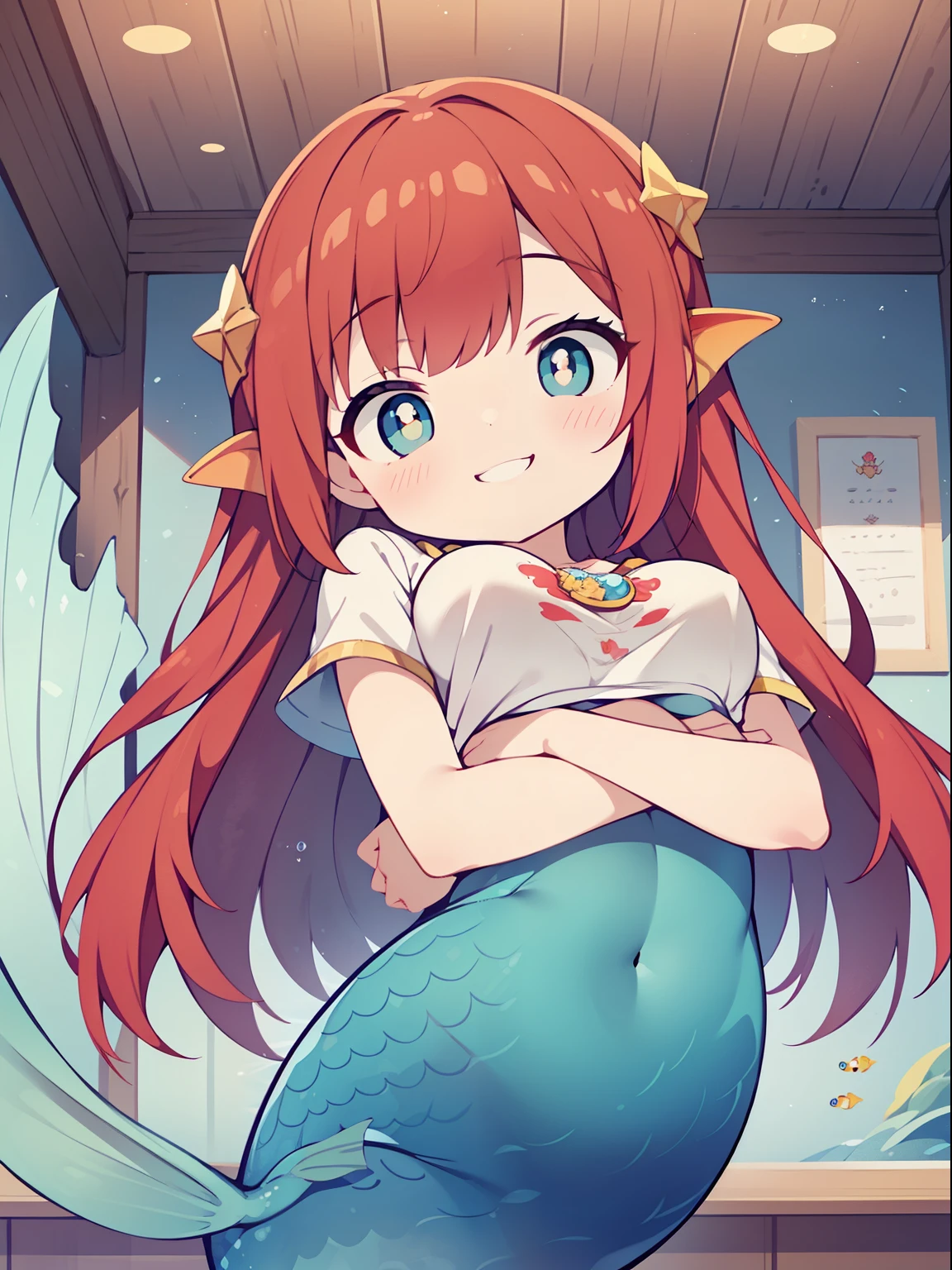 (mermaid girl:1.2), (1 person:1.2),(10 year old girl)、young girl、big breasts、 nffsw、shader、highly detailed eyes、big breasts、loose and fluffy long hair,、underboob、valley、Red hair、silky hair、mermaid figure(Mini T-shirt、The lower body is a fish、Beautiful scales)、Very complex pupils、highest quality、bright colors、Bust 100、rests、Standing picture of the game、Stirring composition、Composition looking up from below、Lift your with your hands、Pose that emphasizes the chest、fold your arms、grinning expression、eyes half closed、open your mouth、stinky eyes、evil face、bullish smile、fold your hands behind your back、Hide your hands、evil smile、whole body、god々New、in water、seabed