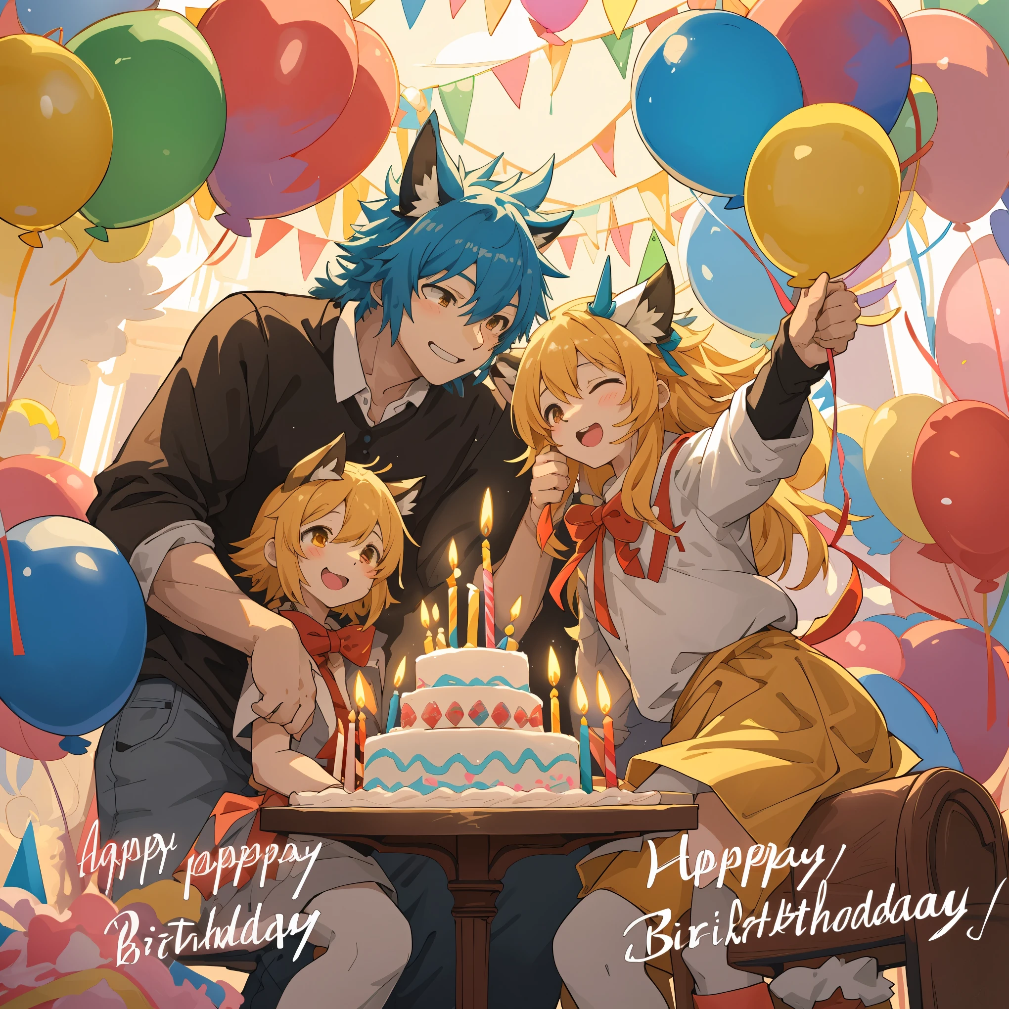 cover page, anime key visual, highres, top quality, best quality, paid reward available, High-quality illustrations, unparalleled masterpiece, perfect artwork, absurdres(A family at a birthday party, blowing out candles on a birthday cake)(room decorated with balloons and streamers, festive and colorful atmosphere)(kemono parents of diverse descents smiling and clapping)perfect anatomy, cake with candles and colorful icing, joyful and celebratory mood, special family moment, fan-created work shared on platforms Pixiv or Twitter, cinematic lighting, dynamic angle,