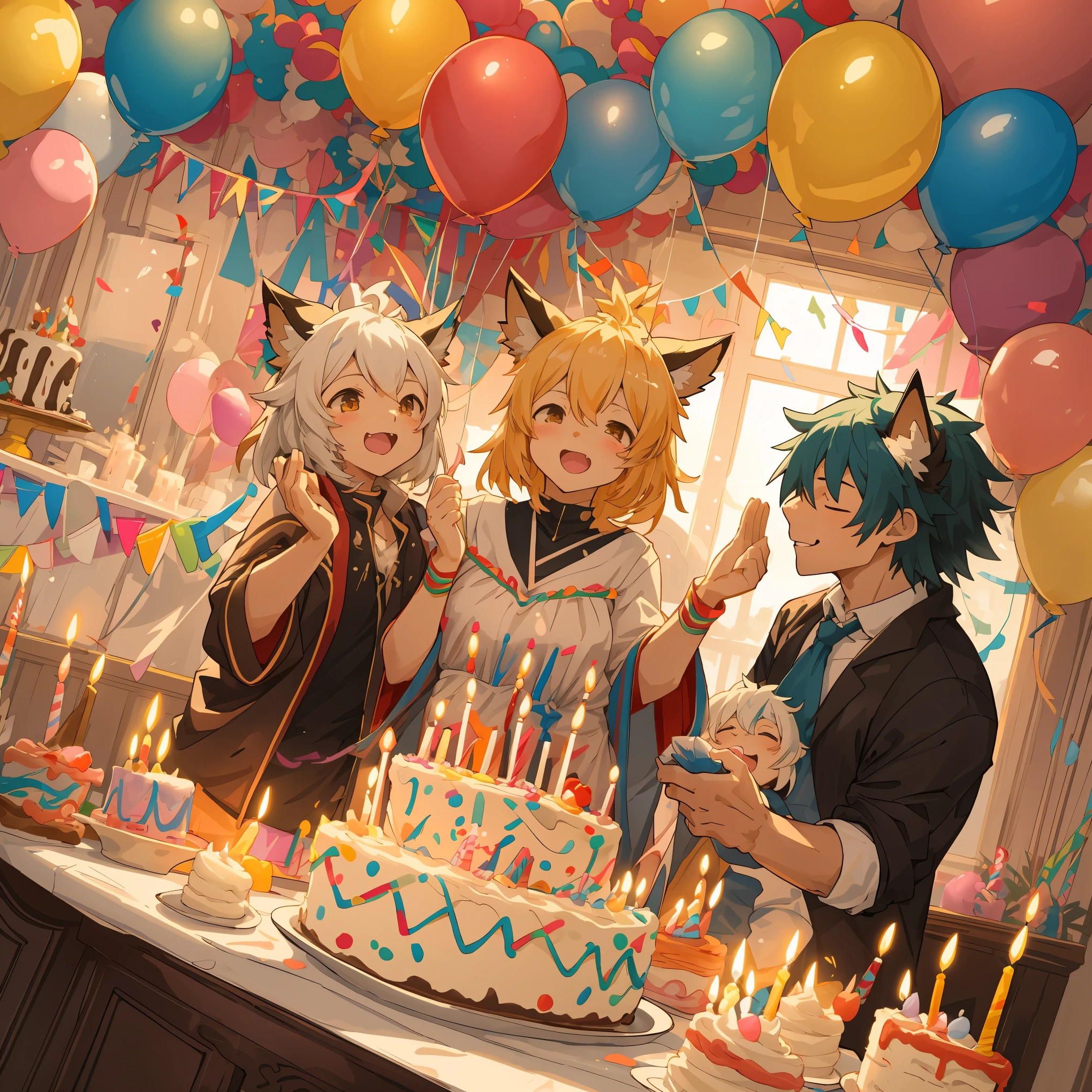 cover page, anime key visual, highres, top quality, best quality, paid reward available, High-quality illustrations, unparalleled masterpiece, perfect artwork, absurdres(A family at a birthday party, blowing out candles on a birthday cake)(room decorated with balloons and streamers, festive and colorful atmosphere)(kemono parents of diverse descents smiling and clapping)perfect anatomy, cake with candles and colorful icing, joyful and celebratory mood, special family moment, fan-created work shared on platforms Pixiv or Twitter, cinematic lighting, dynamic angle,