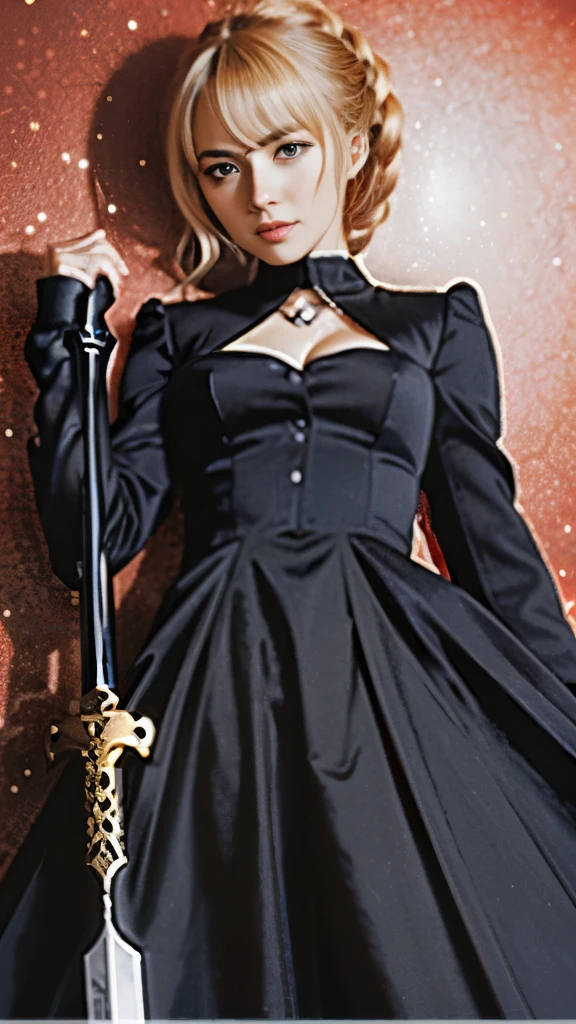 anime girl in a black dress holding a sword in front of a red background, fate / stay night, anime style like fate/stay night, fate grand order, fate/zero, fate zero, fate stay night, gothic maiden anime girl, anime girl wearing a black dress, gapmoe yandere grimdark, artoria pendragon, inspired by Li Chevalier