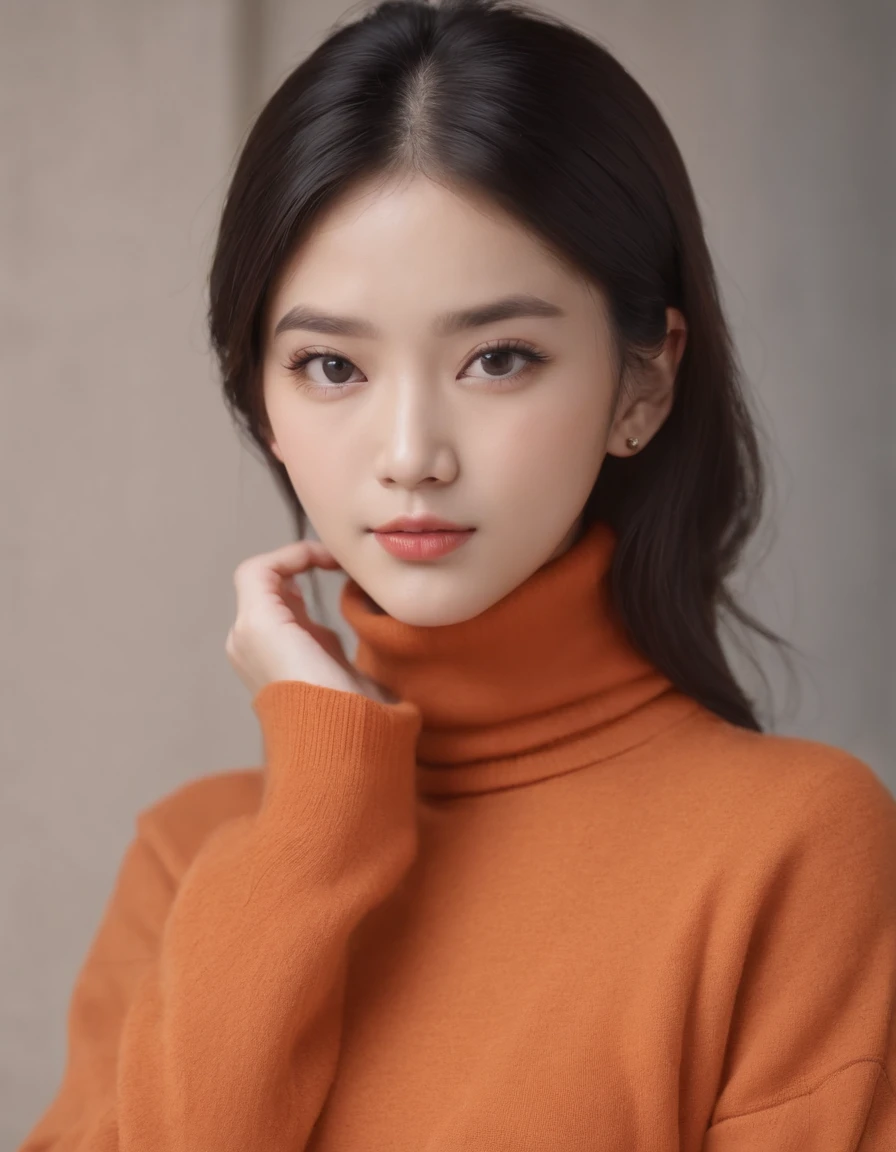 1asian girl, beautiful face, earrings, (portrait photo), wearing (orange turtleneck sweater:1.2) to the chin, short black hair, (simple plain background)