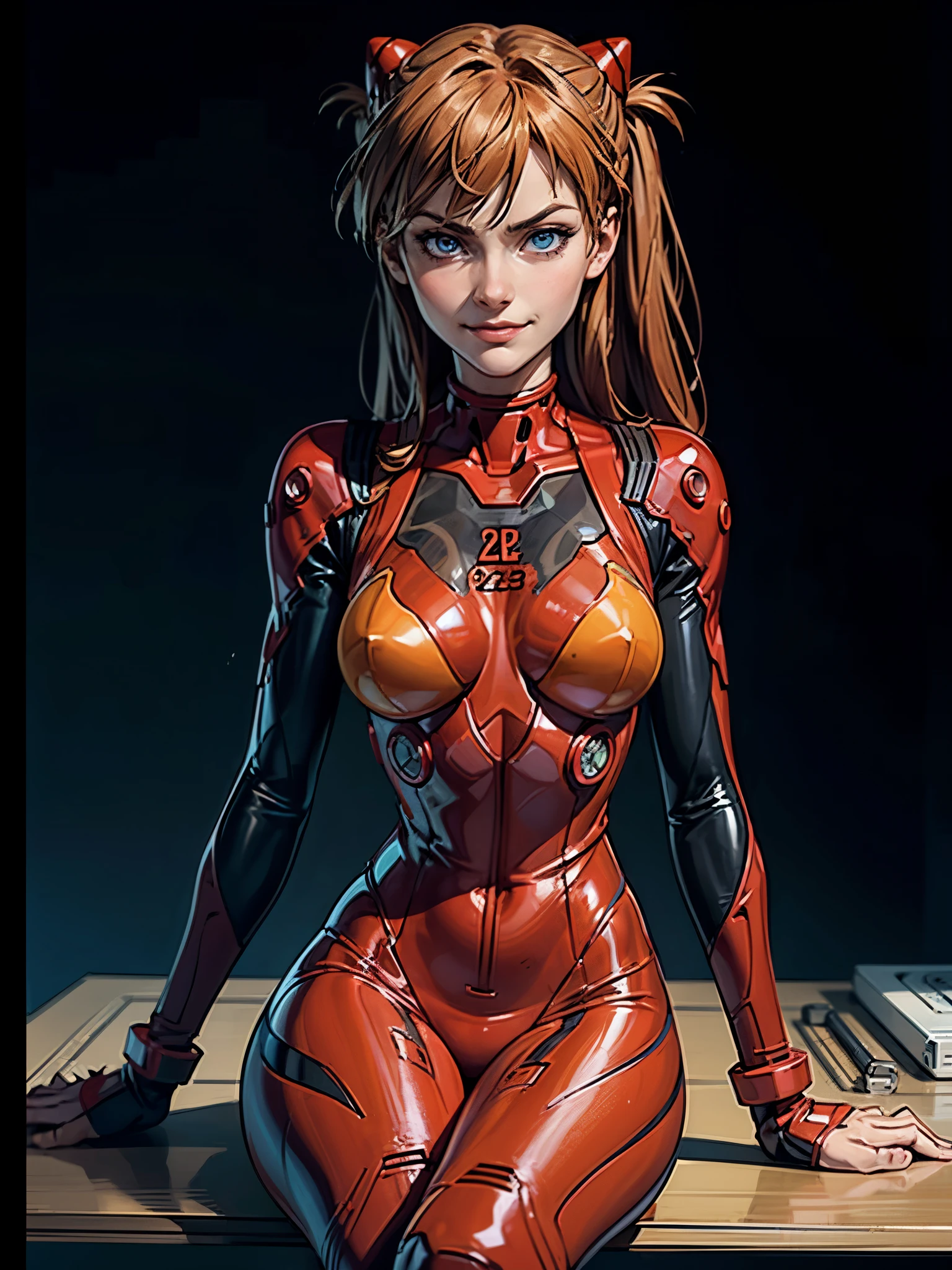 (masterpiece), best quality, expressive eyes, perfect face, 1girl, solo, souryuu asuka langley, interface headset, red bodysuit, serious eyes, slight smile, dramatic pose, sexy, sensual, seductive, laboratory background, sitting, character sheet, upper body, portrait, looking at the viewer, smirk, arrogant