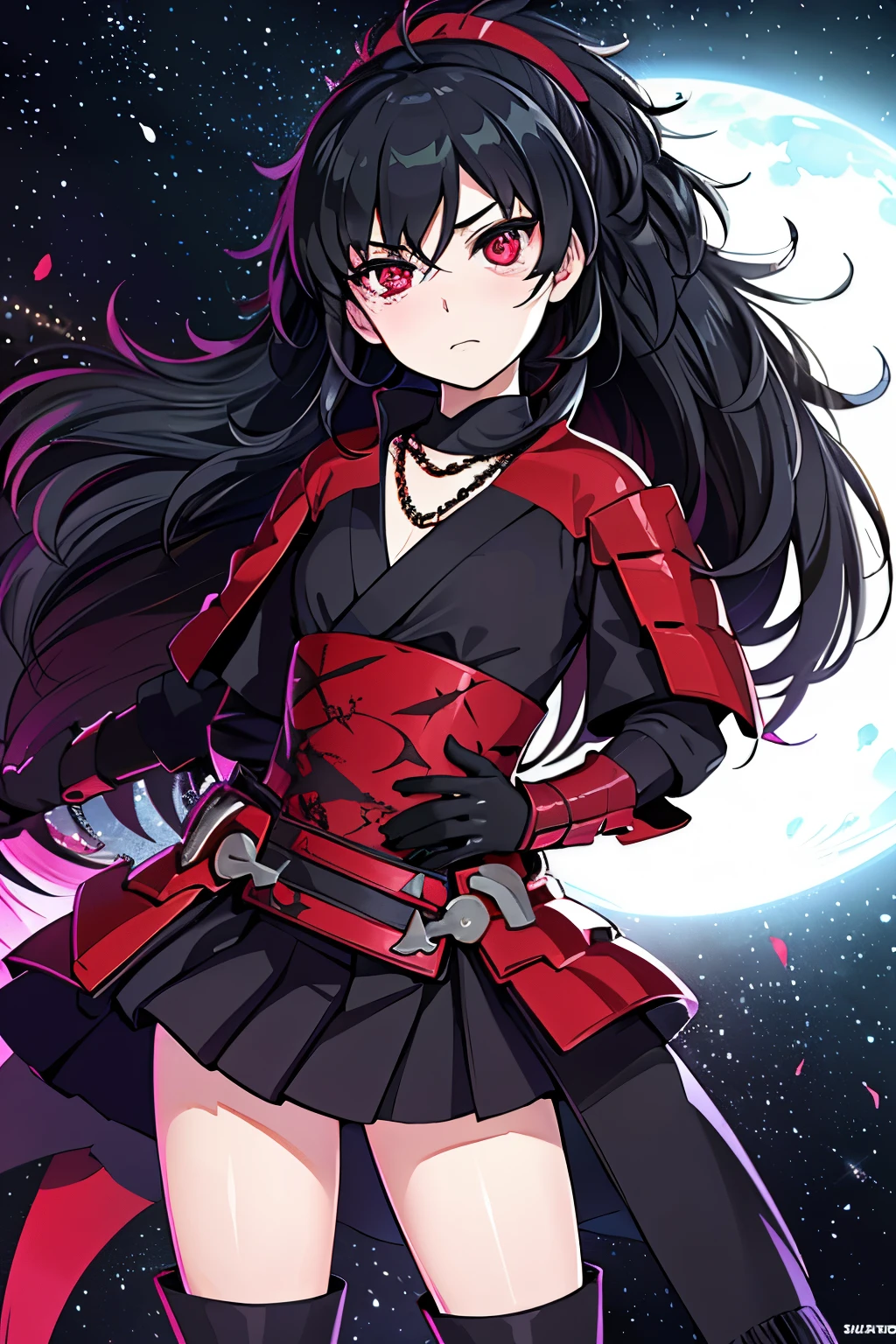 Anime, Girl, (((1girl))), (((Waifu, Raven Branwen, Raven Branwen Waifu))), (((Black Hair, Messy Hair))), ((Crimson Red Eyes eyes: 1.3, Upturned Eyes: 1, Perfect Eyes, Beautiful Detailed Eyes, Gradient eyes: 1, Finely Detailed Beautiful Eyes: 1, Symmetrical Eyes: 1, Big Highlight On Eyes: 1.2)), (((Lustrous Skin: 1.5, Bright Skin: 1.5, Skin Fair, Shiny Skin, Very Shiny Skin, Shiny Body, Plastic Glitter Skin, Exaggerated Shiny Skin, Illuminated Skin))), (Detailed Body, (Detailed Face)), Young, ****ta, (Best Quality), (((Bicep-high Gauntlets, Armored Boots, Thigh-high Heeled Boots, Armored Gauntlets))), (((Battle Kimono))), (((Skirt))), High Resolution, Sharp Focus, Ultra Detailed, Extremely Detailed, Extremely High Quality Artwork, (Realistic, Photorealistic: 1.37), 8k_Wallpaper, (Extremely Detailed CG 8k), (Very Fine 8K CG), ((Hyper Super Ultra Detailed Perfect Piece)), (((Flawless masterpiece))), Illustration, Vibrant Colors, (Intricate), High Contrast, Selective Lighting, Double Exposure, HDR (High Dynamic Range), Post-processing, Background Blur