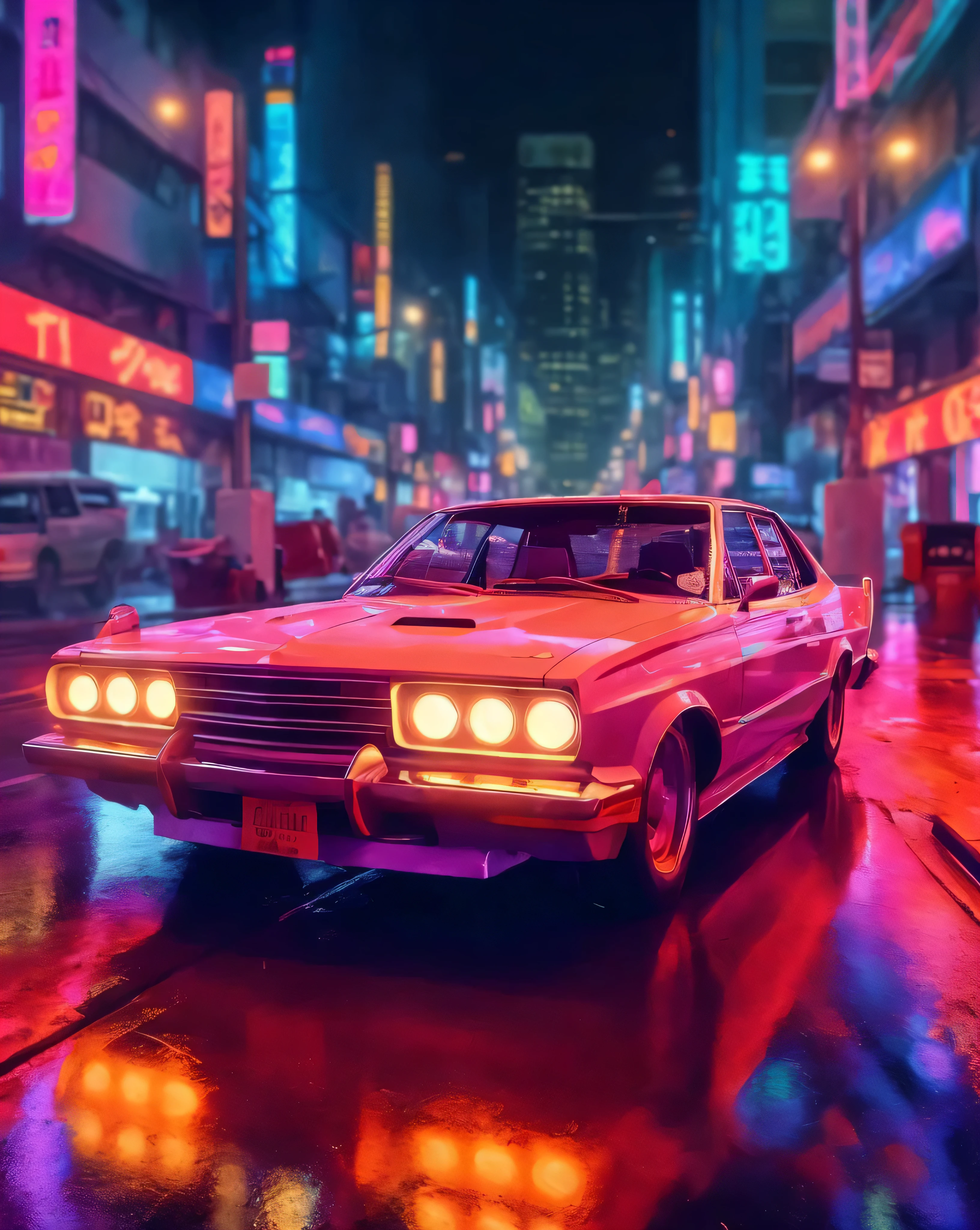 Close-up of a car driving on a city street at night, blade runner vibe, Surreal cyberpunk style, style hybrid mix of bible, Cyberpunk atmospheres, cyberpunk art style, bible. hyperrealism, Cyberpunk under neon lights, in style of bible, realism | bible, Cyberpunk atmosphere, Synth wave neon retro futurism
