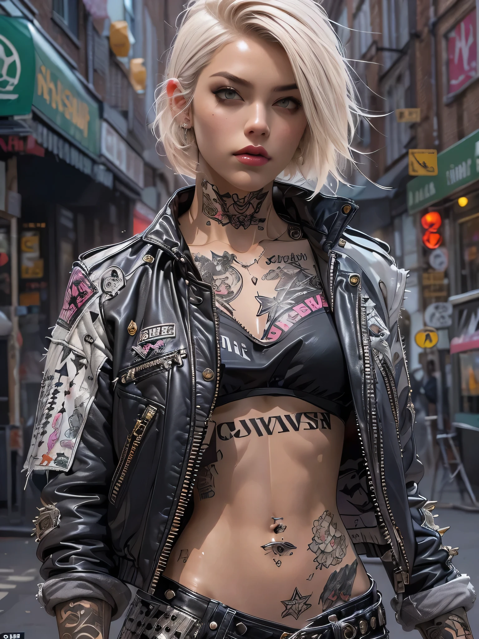 (((highest quality: 1.4))),(an unprecedented masterpiece in the world), (ultra high resolution),(Ultra-realistic 8K computer graphics), Official art、 (((adult body))), (((1 girl in))), ((( Bob Shorthair ))), Punk girl with perfect body, Jacket with metal spikes,beautiful and well-groomed face,,Detailed punk fashion,Leather Jacket, (Head-to-hip image),(( White Blonde Bob Shorthair )), Small leather panties, Simon Beasley's Urban Wild Style,Detailed London street background,Clean press, dark pink with white stars and gray-white stripes,, (( Lots of poisonous tattoos )), piercing,