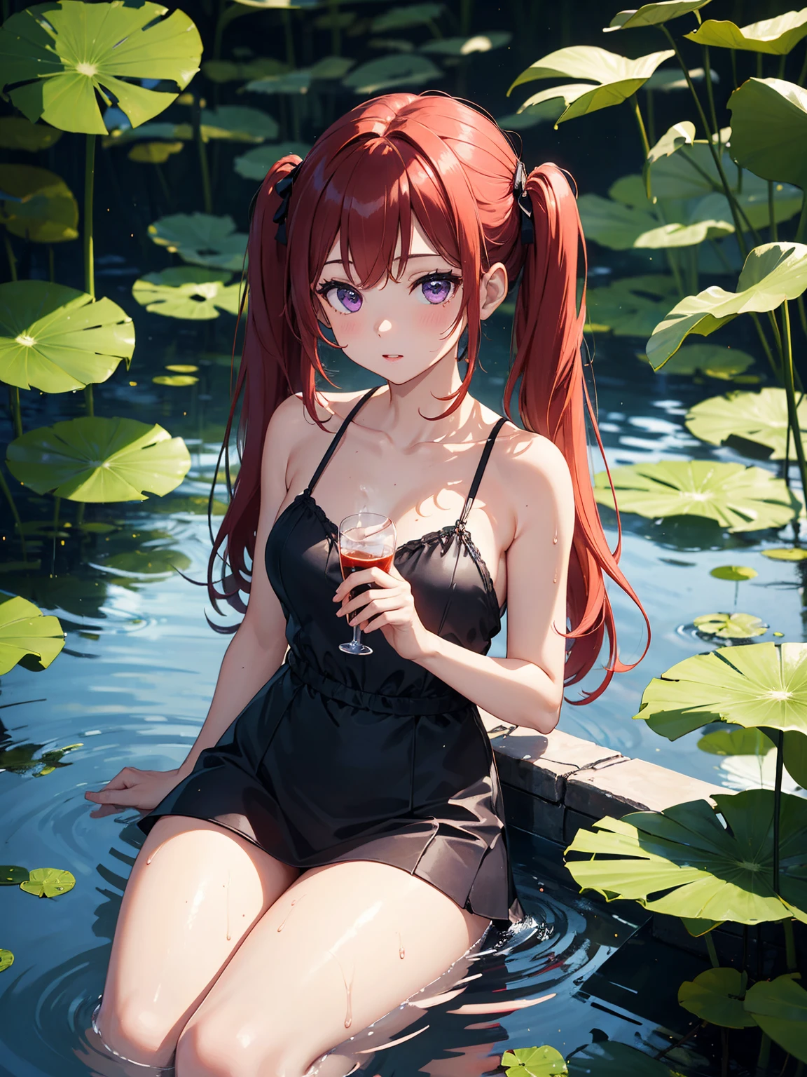 masterpiece, 1 girl, short twintails, red hair, purple eyes, Wallpaper, summer pond, pond, afternoon sun, surrounded by lotus leaves, pond background, depth of field, hot weather, high definition detail, wet, ultra detail, movie, soft light, deep field focus bokeh, Diffuse (Extra Fine Glass Reflections), medium breasts