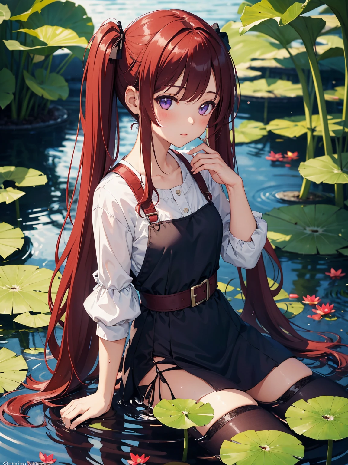 masterpiece, 1 girl, short twintails, red hair, purple eyes, Wallpaper, summer pond, pond, afternoon sun, surrounded by lotus leaves, pond background, depth of field, hot weather, high definition detail, wet, ultra detail, movie, soft light, deep field focus bokeh, Ray Tracing, Diffuse (Extra Fine Glass Reflections).