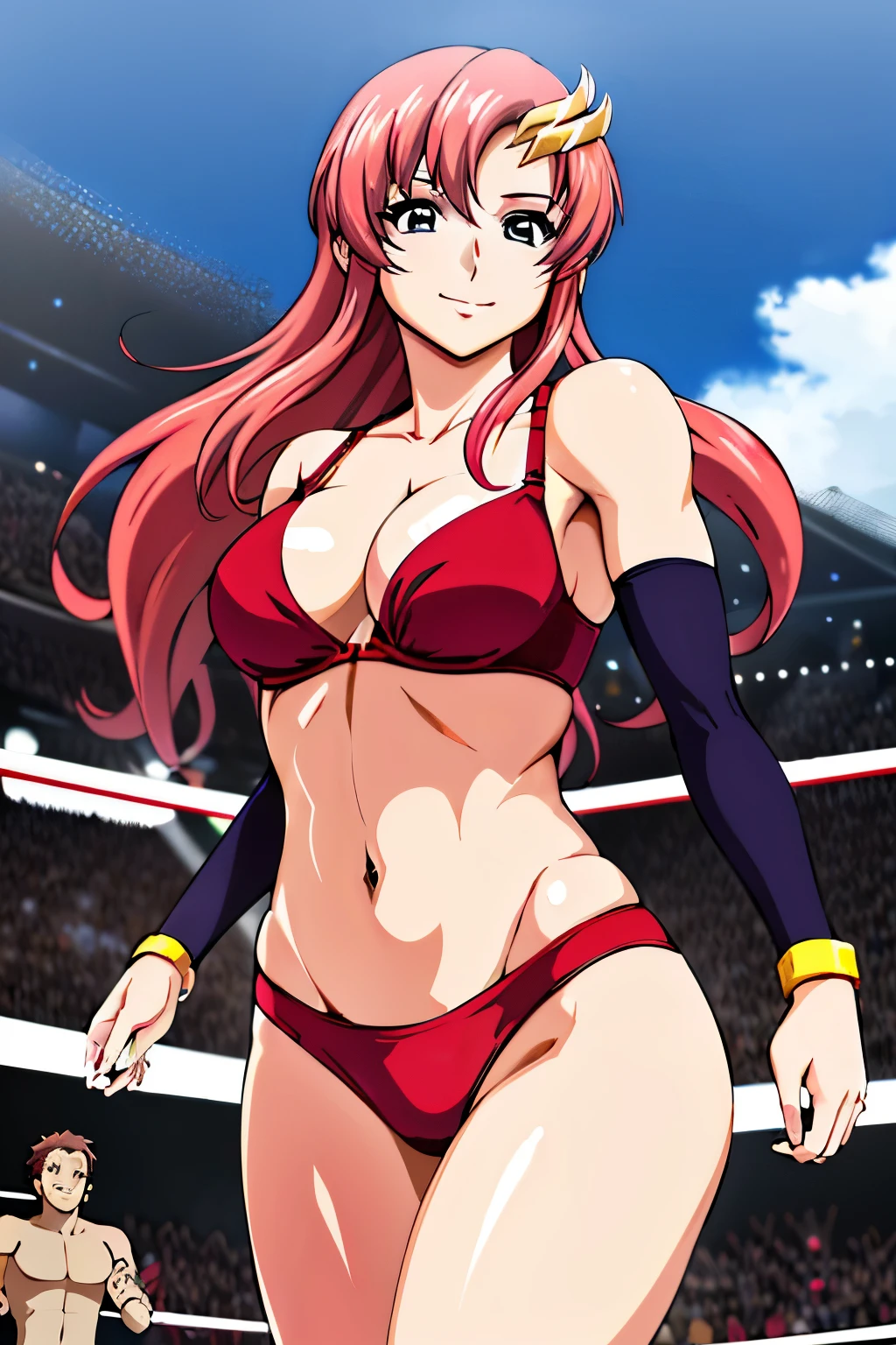 lacus4, (red sleeves, red bikini, groin), (masterpiece, victory pose, very slim shoulders, 4K, Best Quality, Anime style: 1.9, happy, Adult Woman, (ultra detailed head), (arena with crowd, cloud background), Drawing lines, high resolution, lacus4), 1girl, Solo, curvy figure, Long hair, 鎖骨, scapular, (Detailed wide hair bangs, Hair Ornament, Detailed reddish-pink hair, shiny streaks, slim arms, detailed golden crest), cleavage, large hands, (hair cover shoulders). (Big blue eyes, shiny eyes), ((female wrestler, (slim body), little biceps, slim arms, closed fists, thighs)), ((perfect proportions, medium breasts, long belly)), ((totally red bra, neck band, bracelets))), smile, (standing, hot colors), detailed fingers, (bare shoulders)
