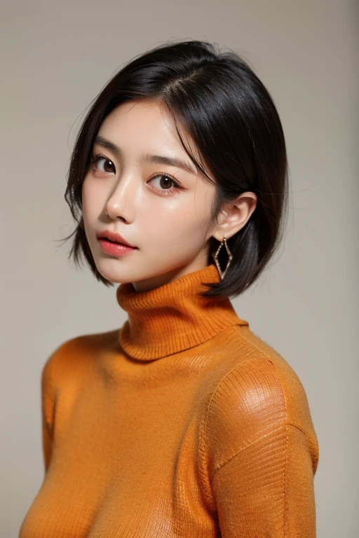 1asian girl, beautiful face, earrings, (portrait photo), wearing (orange turtleneck sweater:1.2) to the chin, short black hair, (simple plain background)