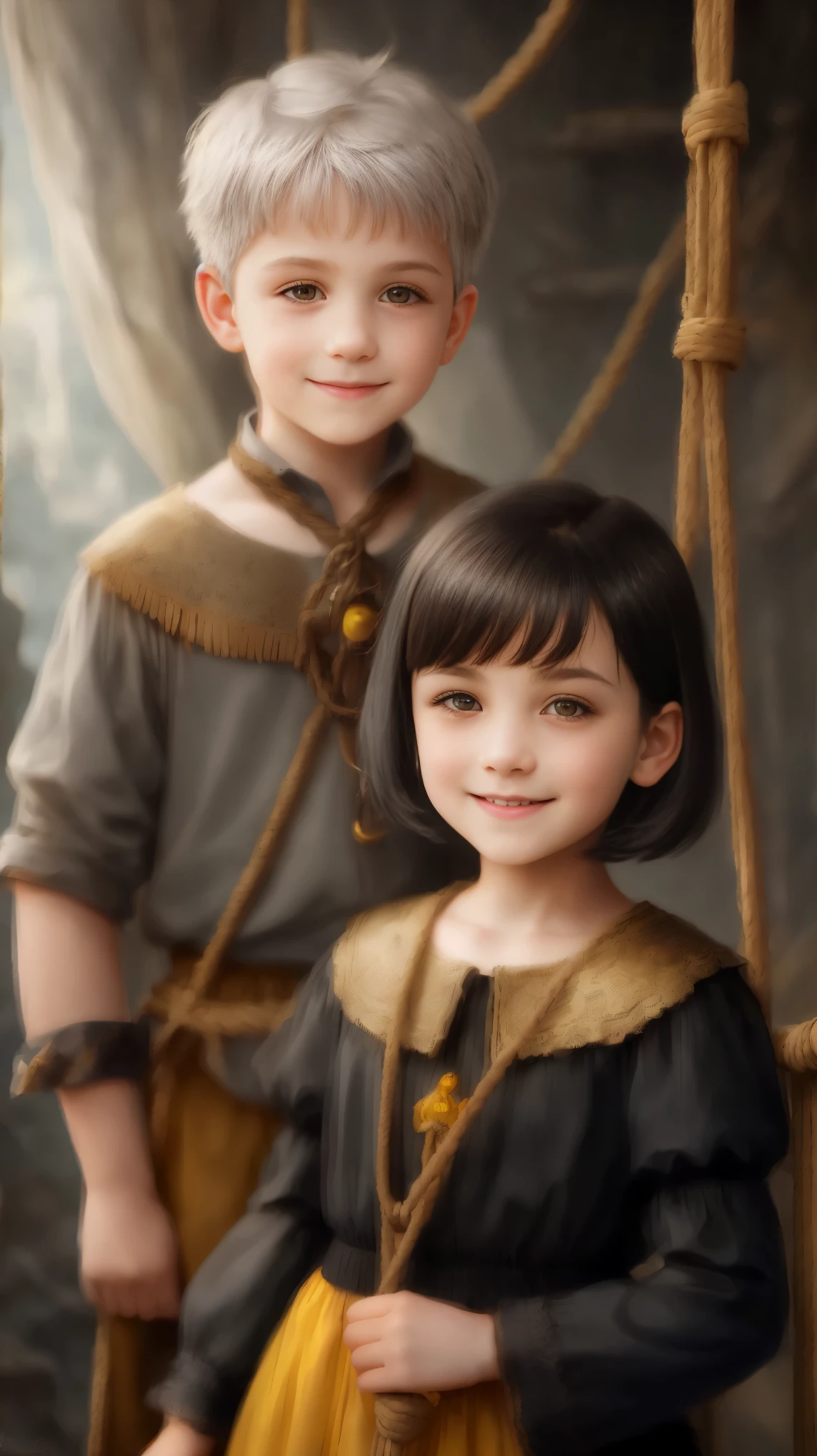 High resolution, portrait, boy and girl with dark hair, , light gray hair, short haircut, yellow eyes, smile, crown, portrait, rope ladder in the background, realism, fantasy