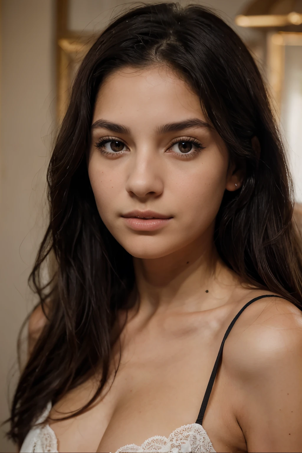 portrait d'une fille de 18 ans. Mid-Length Wavy Raven Black Hair. Dark brown eyes. A snub nose. De haute pommette. D'origine espagnol. A little tanned complexion. Un regard triste l'air timide. Graceful and delicate facial features. Rosy cheeks. Thick black eyelashes. Des sourcils broussailleux. Elle porte un sweet noir.
