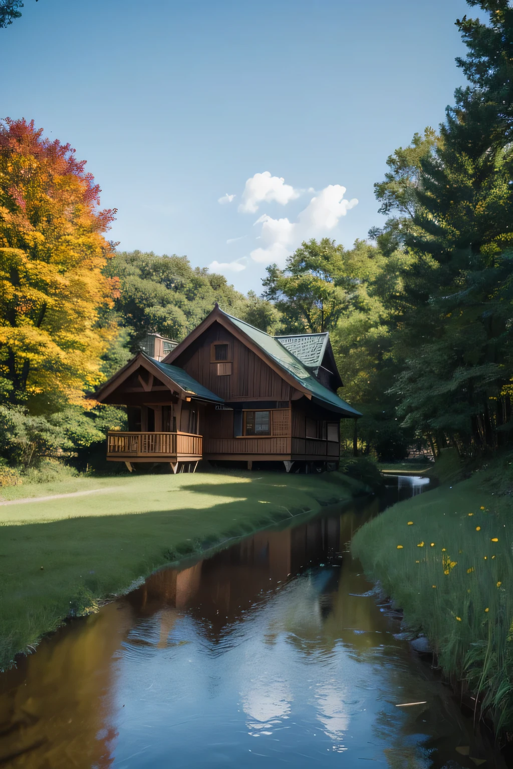 Wooden house by the stream in the forest under morning light