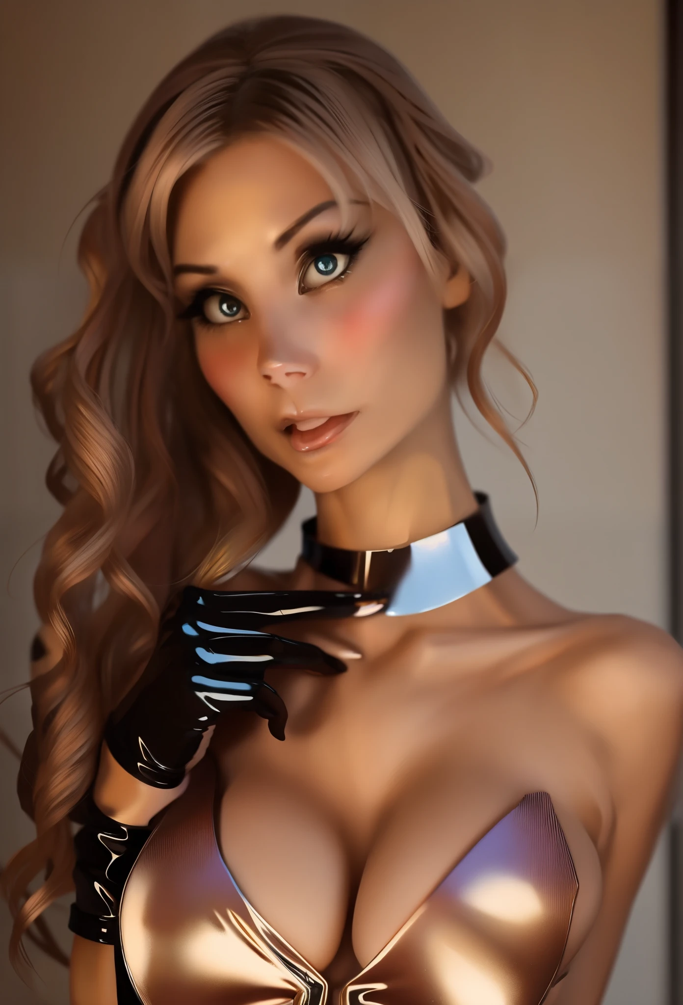 realistic Photo of blonde fetchingbutterfly wearing a stunning latex dress, focus on shoulders, close up, blushing, collar, long gloves, stunningly beautiful woman, seductive, natural light, big anime eyes, detailed eyes