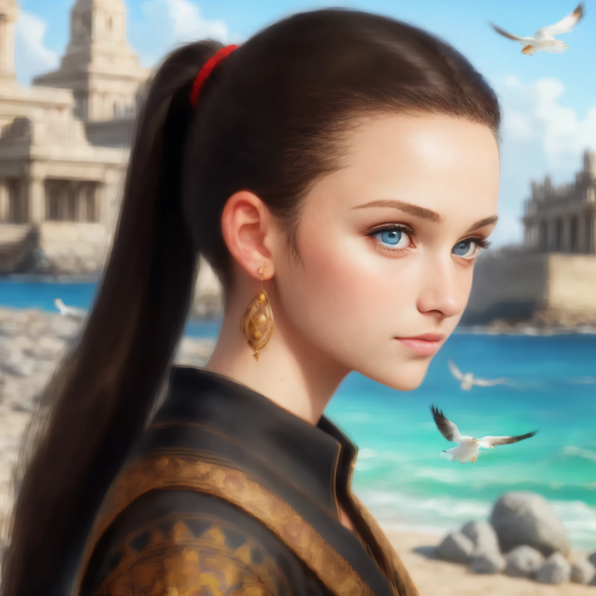 High resolution, portrait, brunette girls, 15 years old, Brunette, long black hair pulled back in a ponytail, temples slightly shaved, a pattern of stones along the forehead to the temples, bright blue eyes, portrait, sea in the background, seagulls, realism, fantasy
