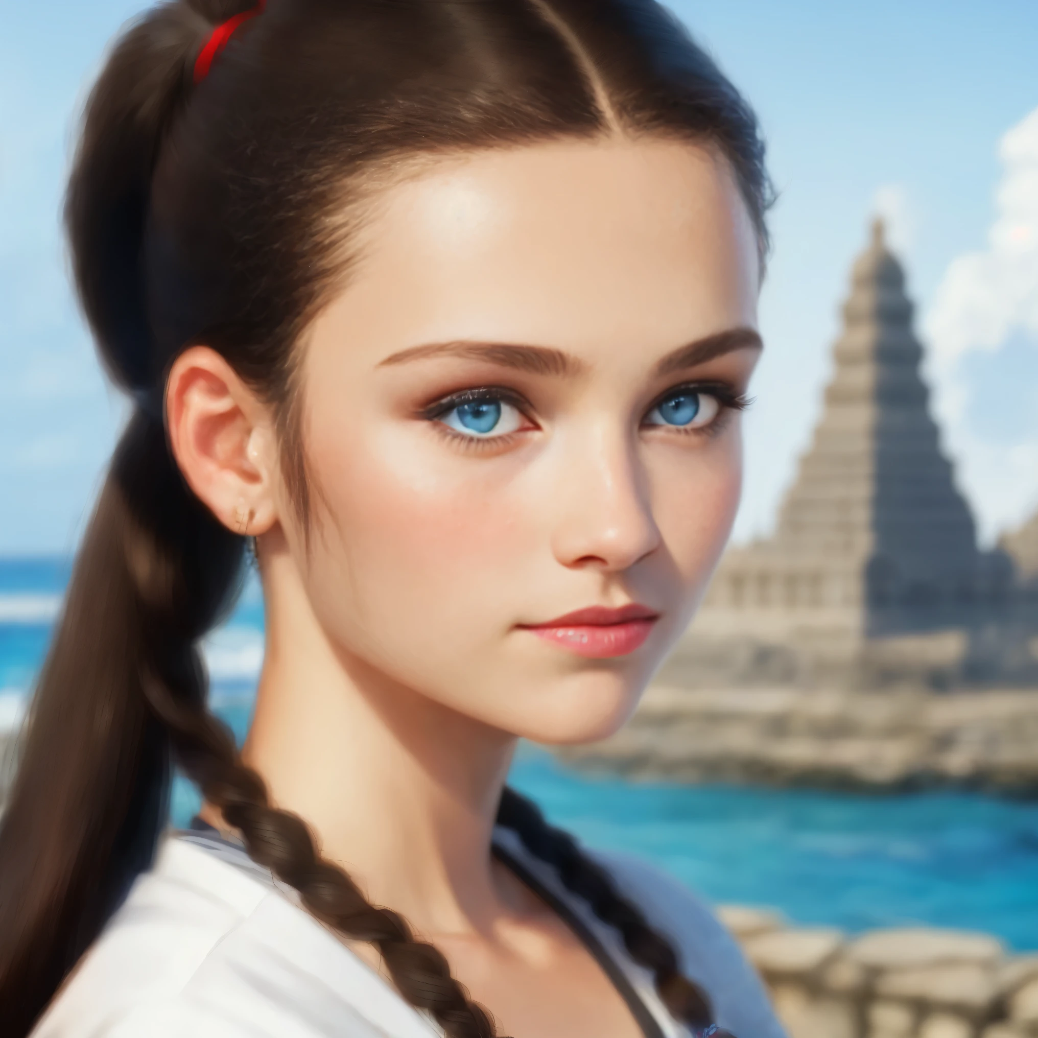 High resolution, portrait, brunette girls, 15 years old, Brunette, long black hair pulled back in a ponytail, temples slightly shaved, a pattern of stones along the forehead to the temples, bright blue eyes, portrait, sea in the background, seagulls, realism, fantasy