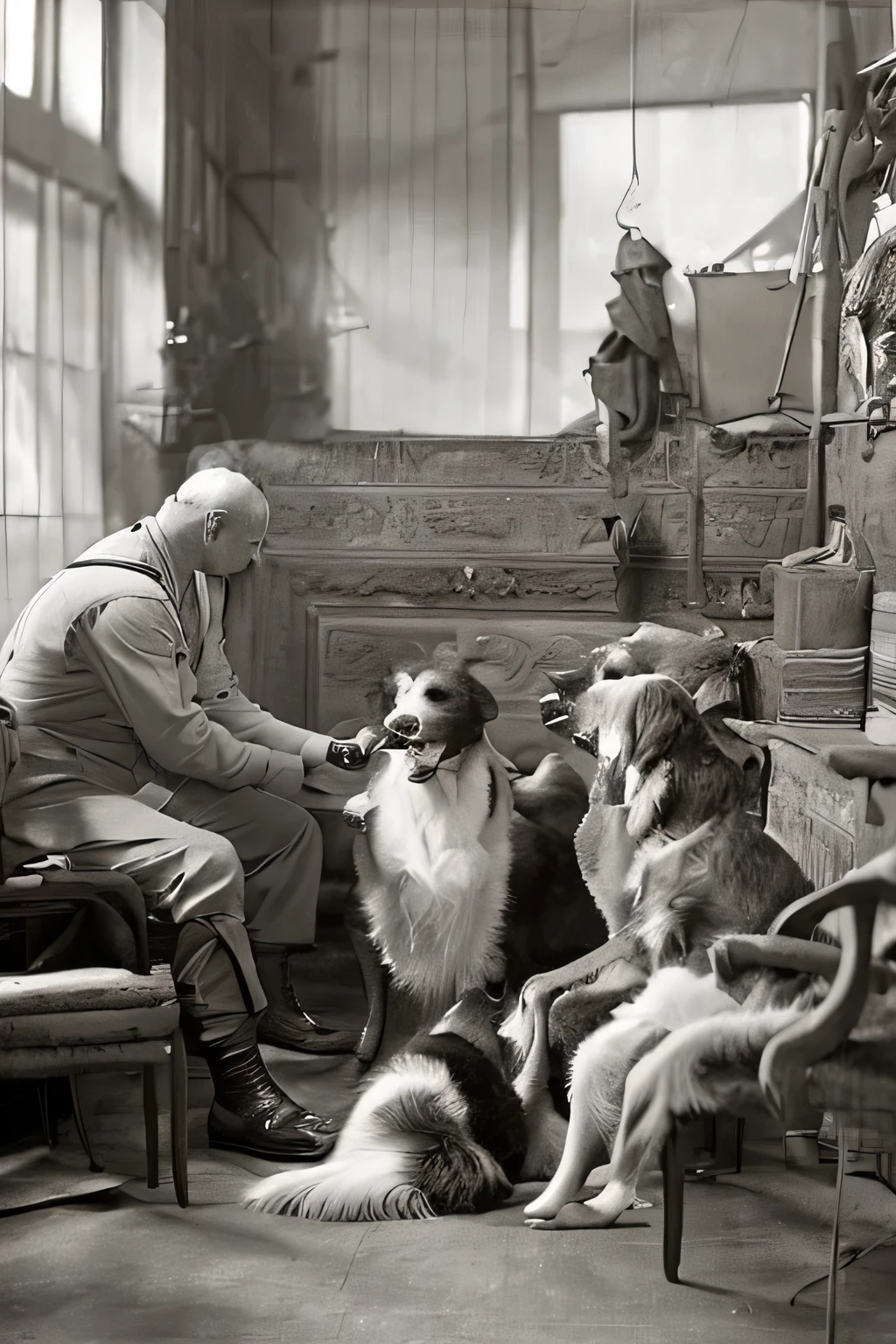 Olá qualidade, Real, hiperRealistic therapy dogs interacting with recovering soldiers after World War 