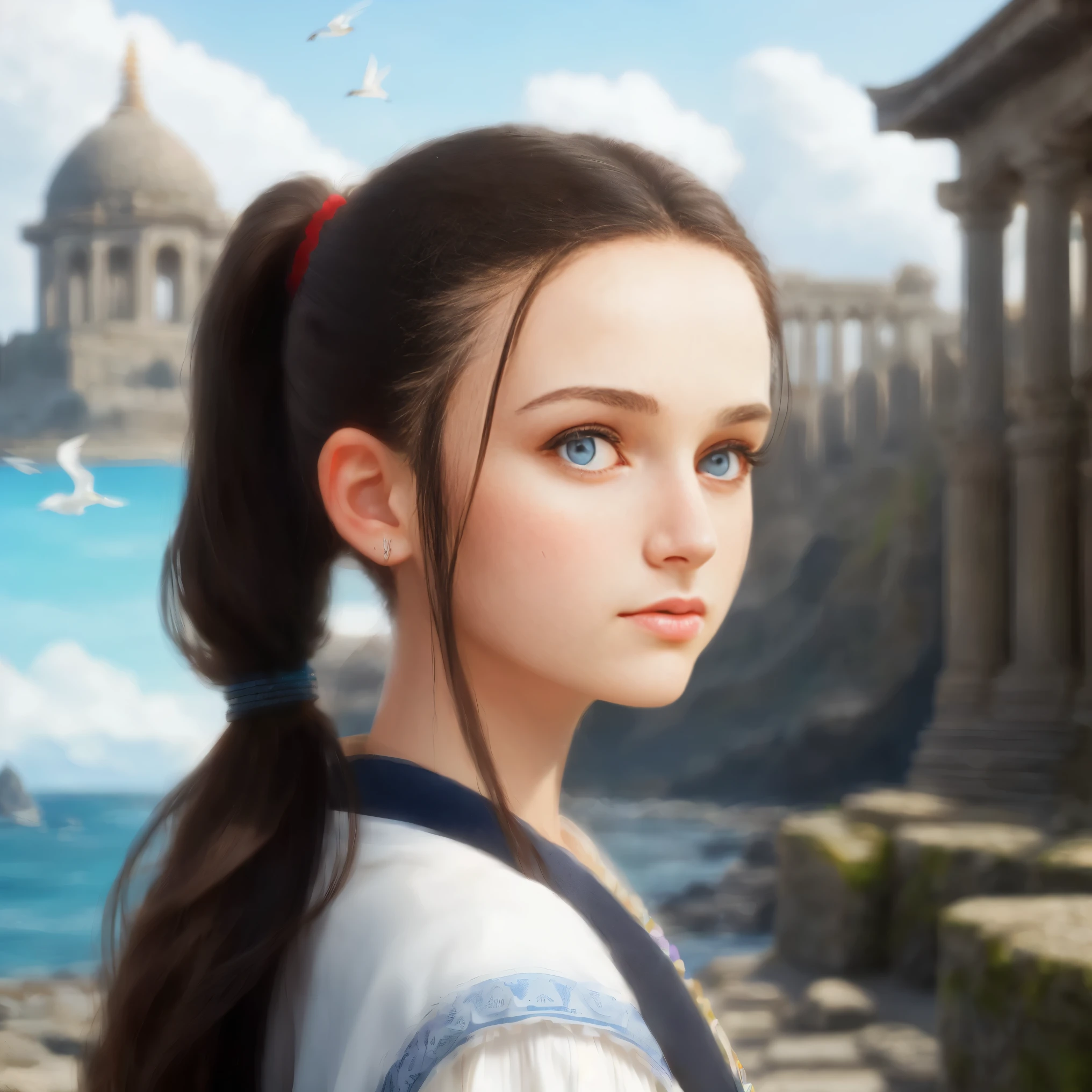 High resolution, portrait, brunette girls, 15 years old, Brunette, long black hair pulled back in a ponytail, temples slightly shaved, a pattern of stones along the forehead to the temples, bright blue eyes, portrait, sea in the background, seagulls, realism, fantasy