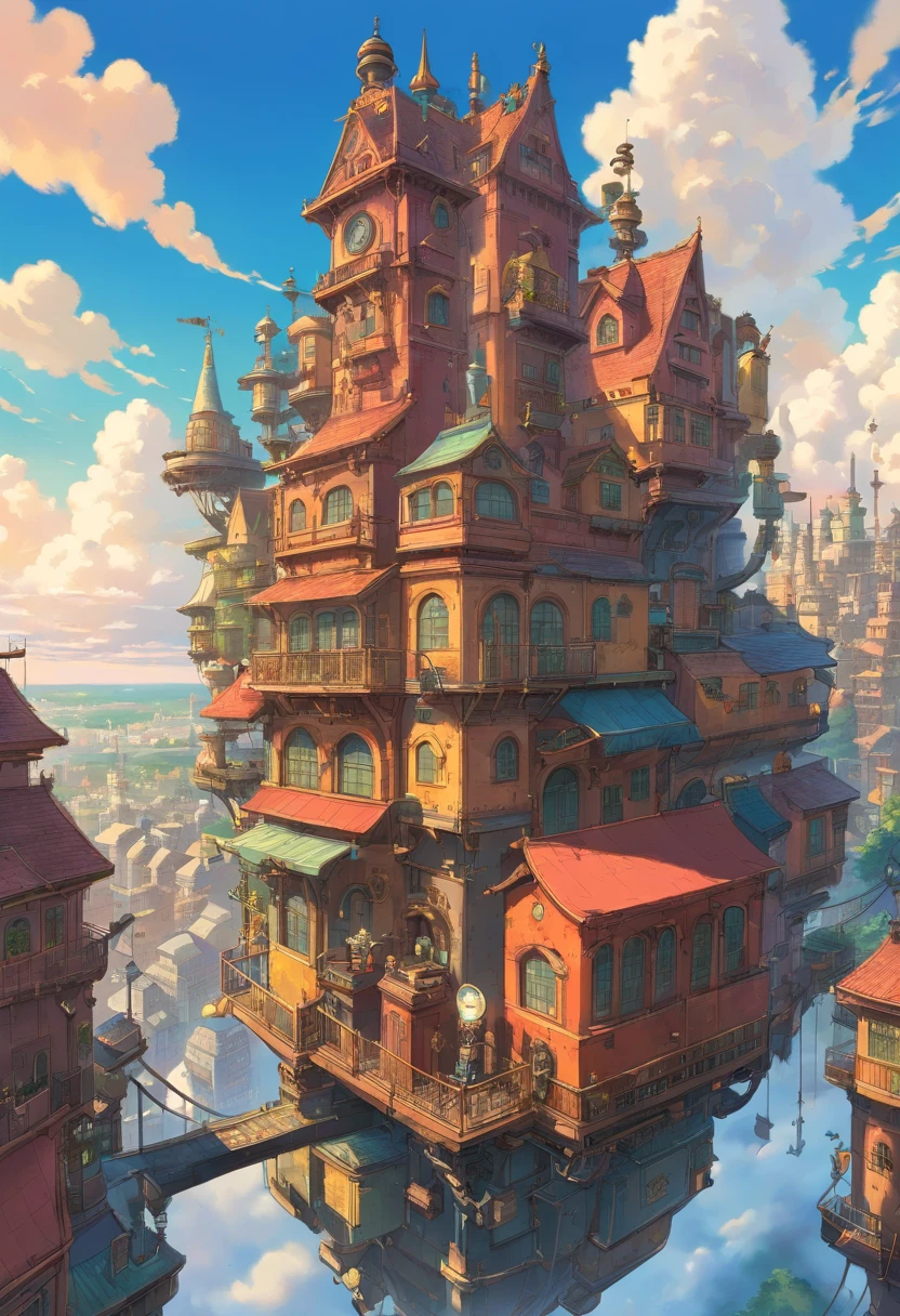 Super details, high detail, high quality, 8k, Miyazaki style, A steampunk-style city floating in the sky, Clouds and diverse architecture, Exuding mystery and technology--v 6