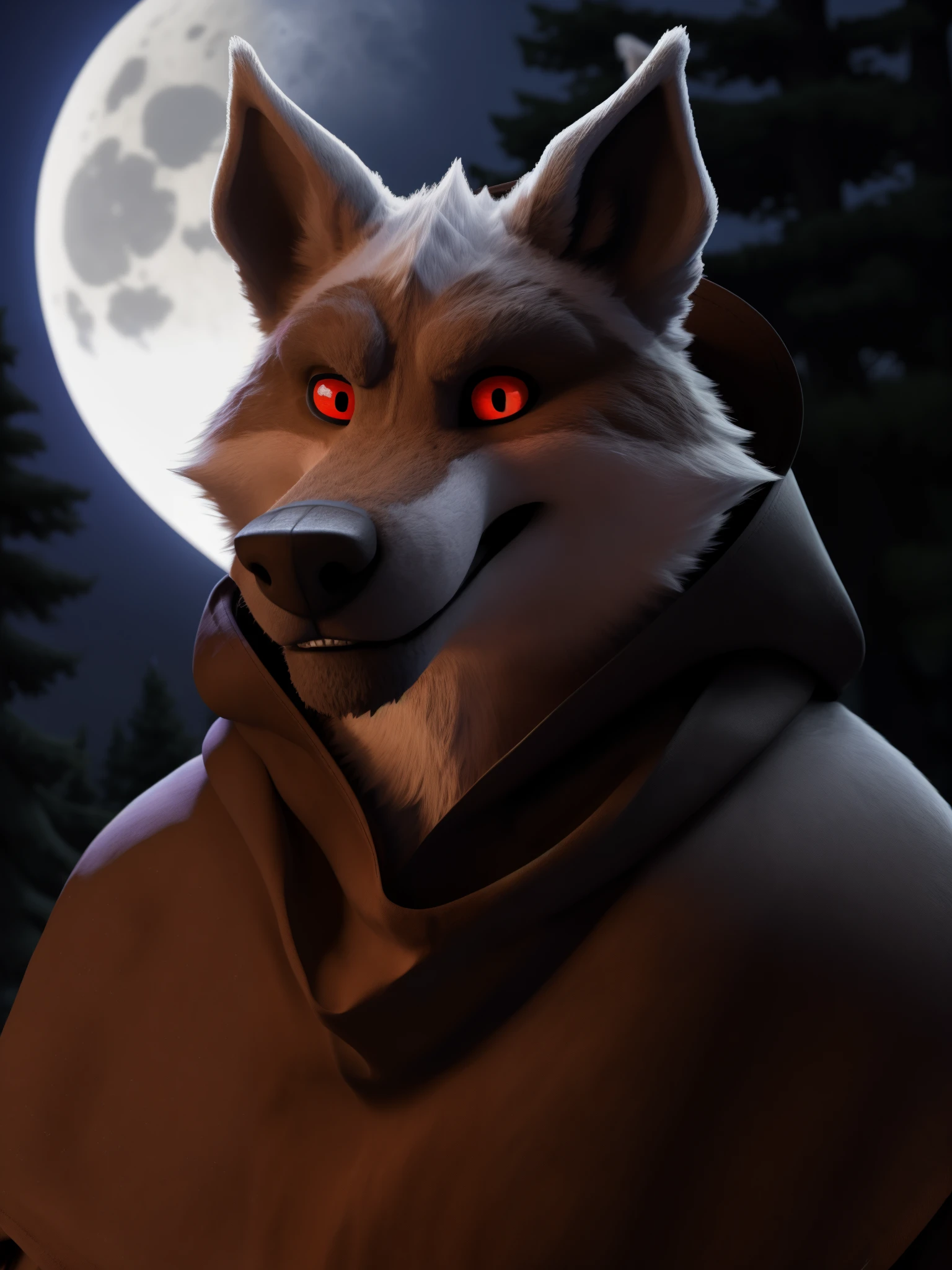 best quality, ultra high res,1furry boy， solo，detailed eyes, volumetric lighting, amazing, finely detail, cowboy shot, cloak , white fur, red eyes, white sclera, bright pupils, bright atmosphere, muscular, upper body, from back Looking at the viewer Cowboy hat realistic background of a forest with full moon 