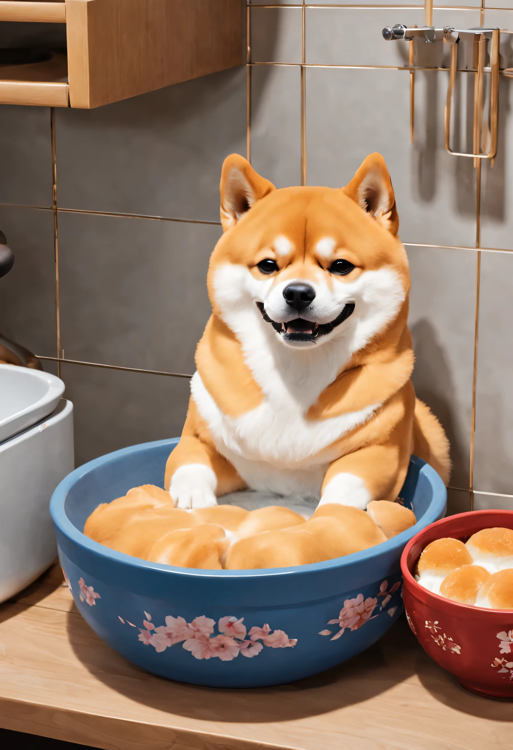 CNY,kitchen,There are steamed buns in the baking pan,There is no water,A Shiba Inu sitting in the basin,happy