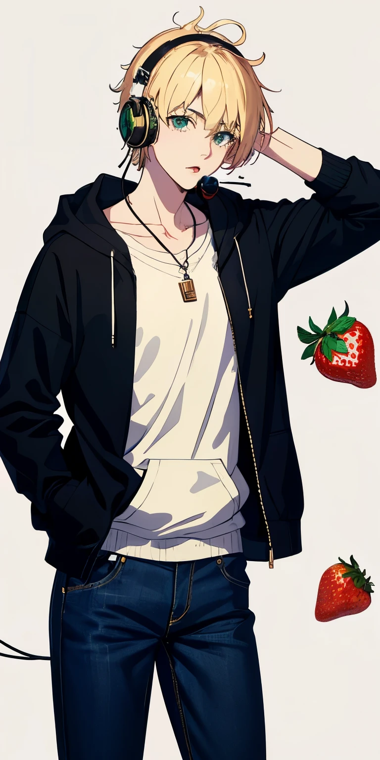1 boy, blonde, green eyes, headdress,strawberry, wallpaper,Black hoodie,headphone,necklace,large denim pants,korean street fashion