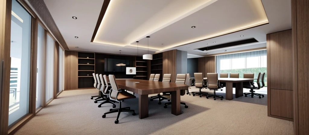 rendering of a conference room with a table and chairs, rendered in enscape, enscape render, high detail render, cg rendering, bw 3 d render, highly photographic render, detailed renderings, in a open-space working space, final render, photographic render, detailed rendering, sharp hq rendering, detailed 3d render, detailed 3 d render, pre-rendered