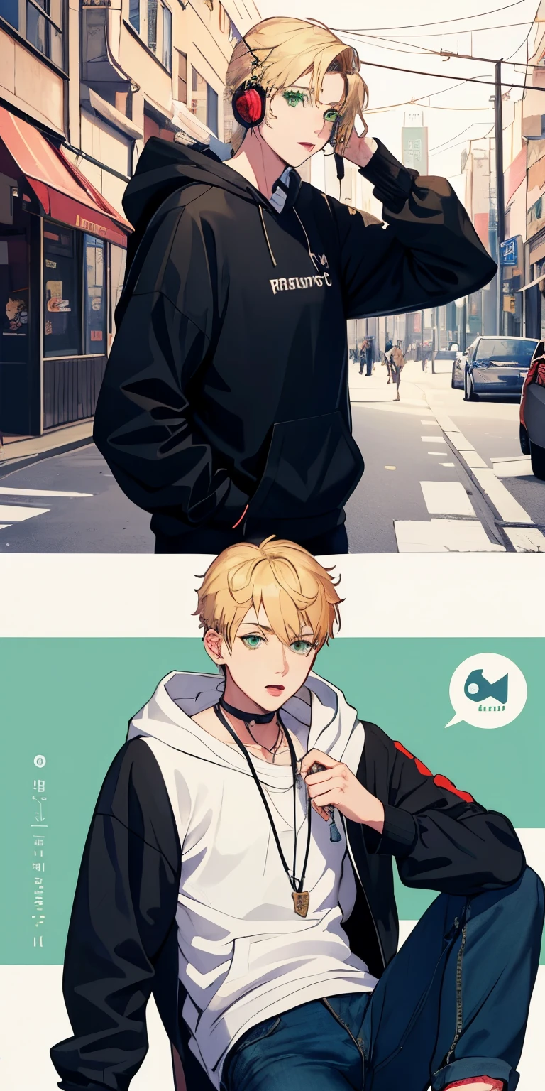 1 boy, blonde, green eyes, headdress,strawberry, wallpaper,Black hoodie,headphone,necklace,large denim pants,korean street fashion