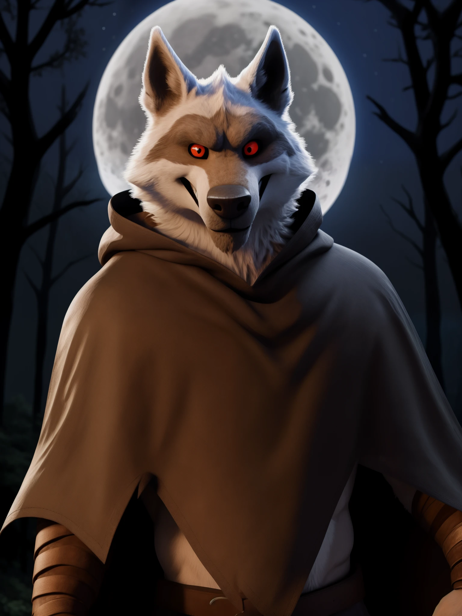 best quality, ultra high res,1furry boy， solo，detailed eyes, volumetric lighting, amazing, finely detail, cowboy shot, cloak , white fur, red eyes, white sclera, bright pupils, bright atmosphere, muscular, upper body, from back Looking at the viewer Cowboy hat realistic background of a forest with full moon 