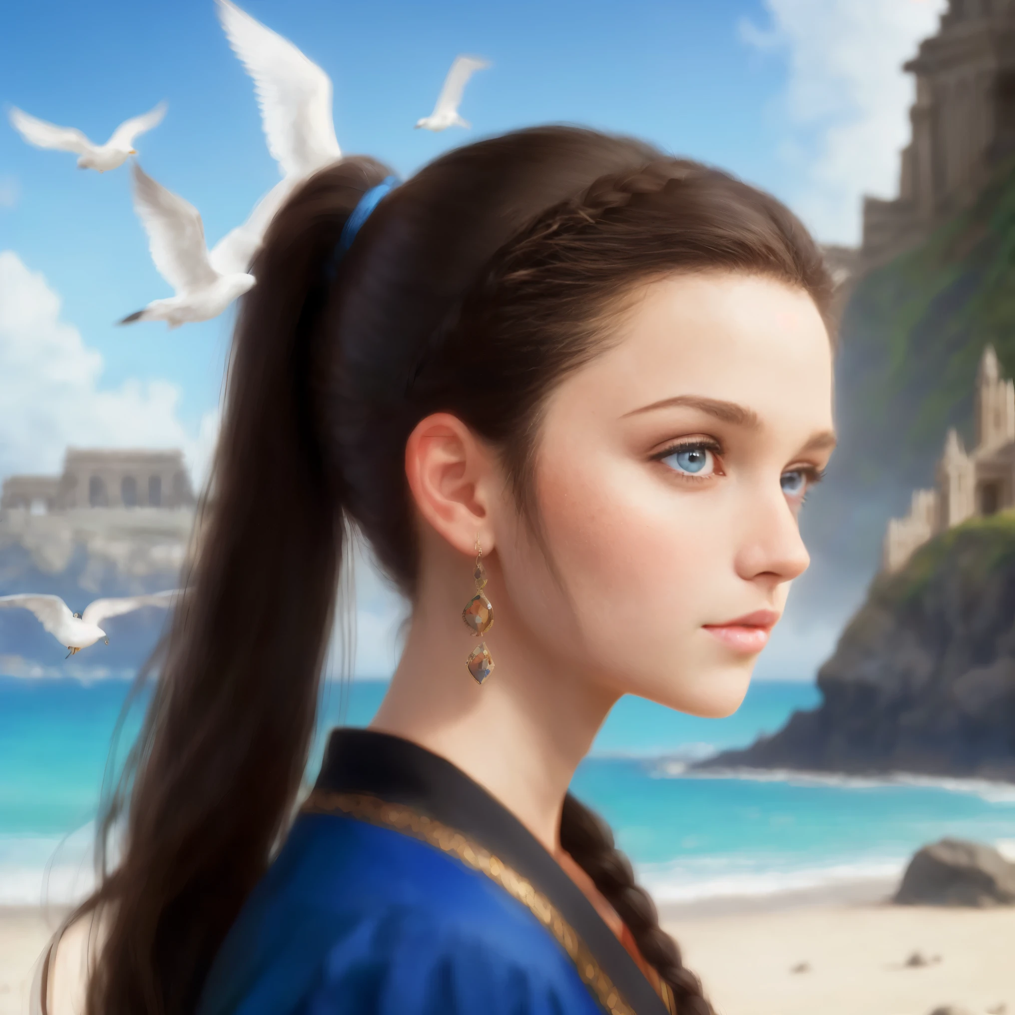 High resolution, portrait, brunette girls, 15 years old, pattern of stones along the forehead to the temples,
Brunette, long black hair pulled back in a ponytail, temples slightly shaved, bright blue eyes, portrait, sea in the background, seagulls, realism, fantasy
