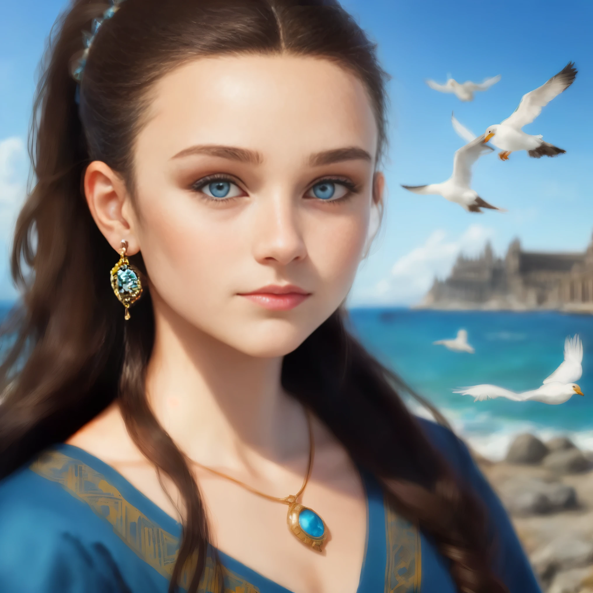 High resolution, portrait, brunette girls, , pattern of stones along the forehead to the temples,
Brunette, long black hair pulled back in a ponytail, temples slightly shaved, bright blue eyes, portrait, sea in the background, seagulls, realism, fantasy