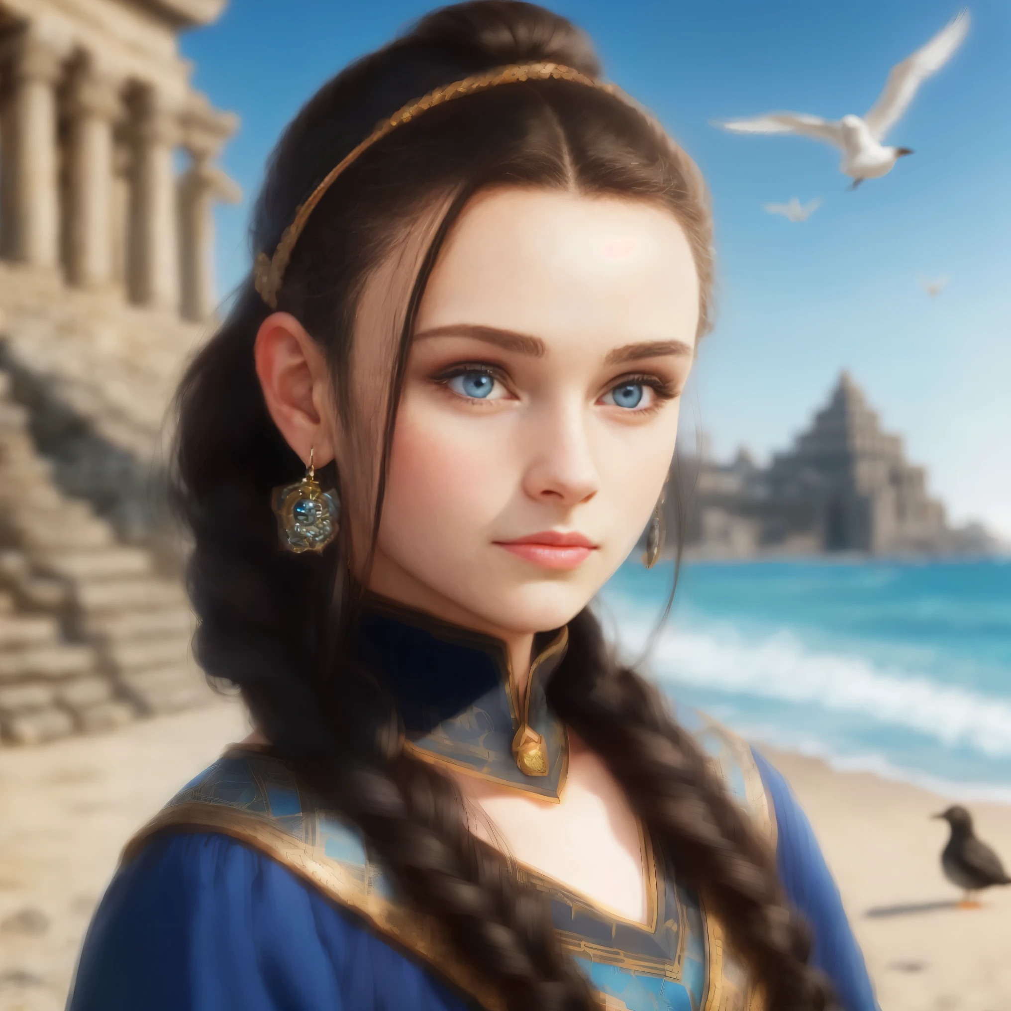 High resolution, portrait, brunette girls, 15 years old, pattern of stones along the forehead to the temples,
Brunette, long black hair pulled back in a ponytail, temples slightly shaved, bright blue eyes, portrait, sea in the background, seagulls, realism, fantasy