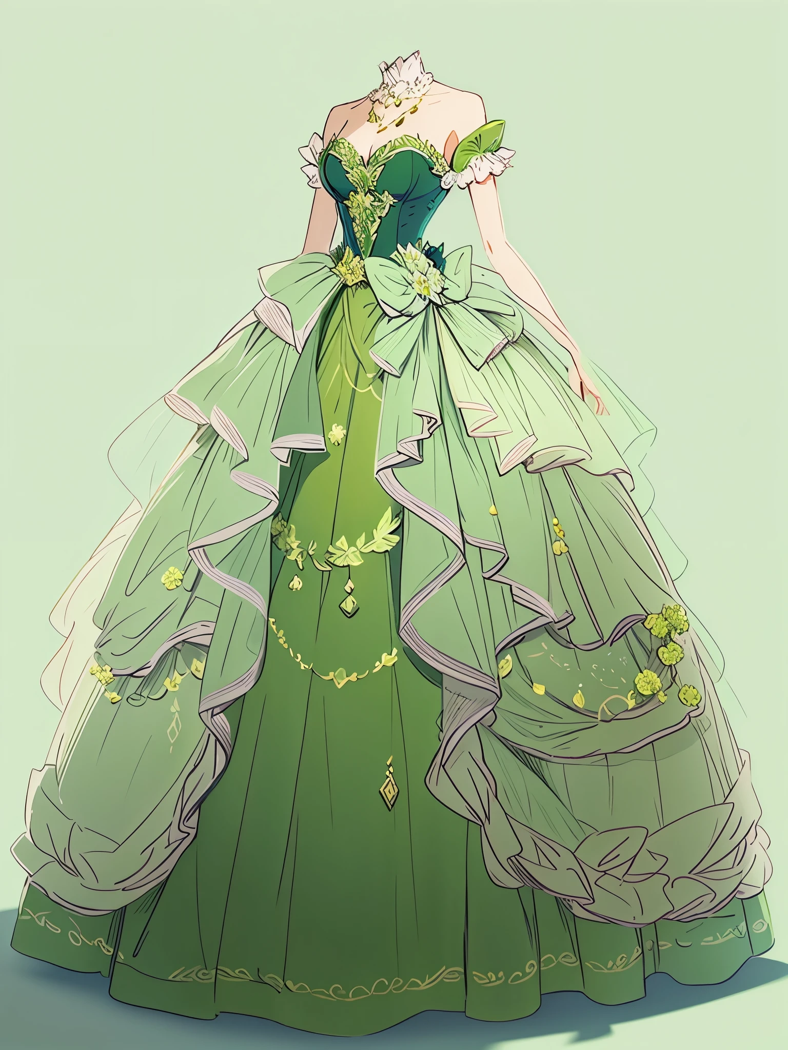 Close-up of dark green dress，Maneman wears a bow on him, Dark green dress，（white backgrounid：1.2），magical dress, royal robe, dreamy dress, Detailed dress, very detailed and rich clothing, detailed fashion illustration, dressed beautiful gown,
