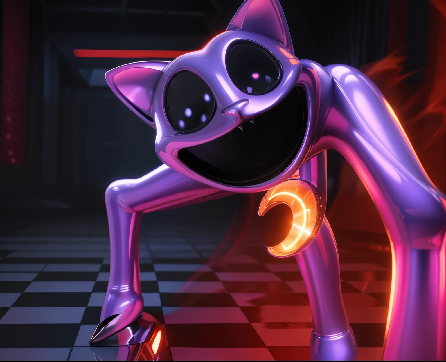 cartoon cat with glowing eyes, purple cat, cat from the void, the cheshire cat, dark blue blurry interior, red fog, scary atmosphere, glossy digital painting, anthropomorphic cat, demon cat, stylized as a 3d render, promo image, 3 d character, detailed digital art, reflective, best quality, 4k, masterpiece:1.2, ultra-detailed, realistic, vivid colors, dark and moody lighting, The image of the highest quality, ensuring every detail showcased perfectly. It in 4k resolution, allowing viewers to immerse themselves in the richness of the colors and intricate details. The realistic rendering. under the spotlight, reflecting, high-resolution image, realistic rendering, dark background, and rim light, scary atmosphere