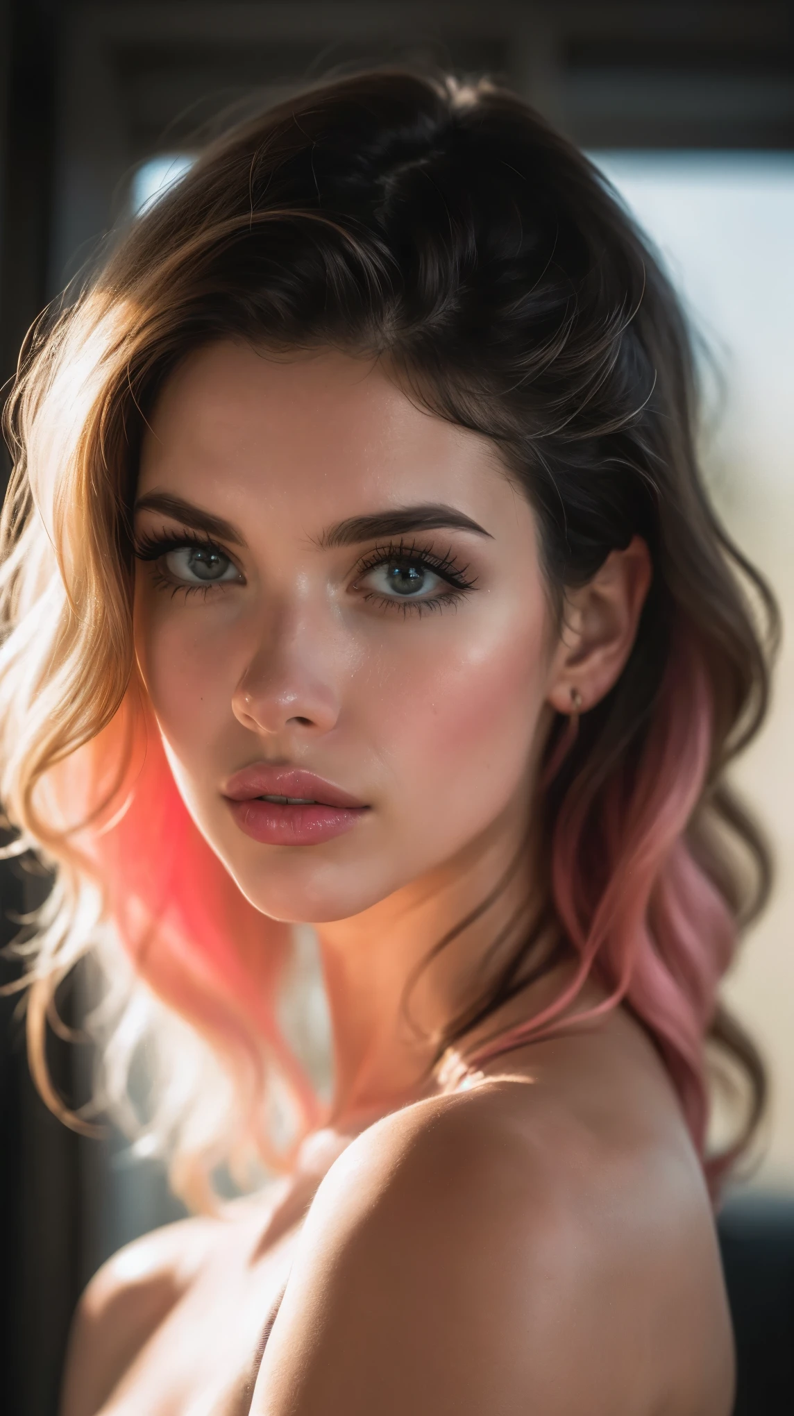 (((ultra realistic))) Photo, masterpiece, top quality, (pale skin), (Ultra detailed face and eyes:1.1), 1 girl, Adult, deep neckline, (Eye makeup, mascara) , ((large detailed lips)), ((pink wavy hair)), ((Chyolka)) , ((Natural breasts)). ((Posing)), photoshoot, studio ((contour light)), (The play of light and shadows), depth of field, bokeh, (special attention to skin detail: 1.2), (Cold atmosphere of the frame, Bright colors, Colours black), ((portrait, close to the camera)) , ultra detialed,