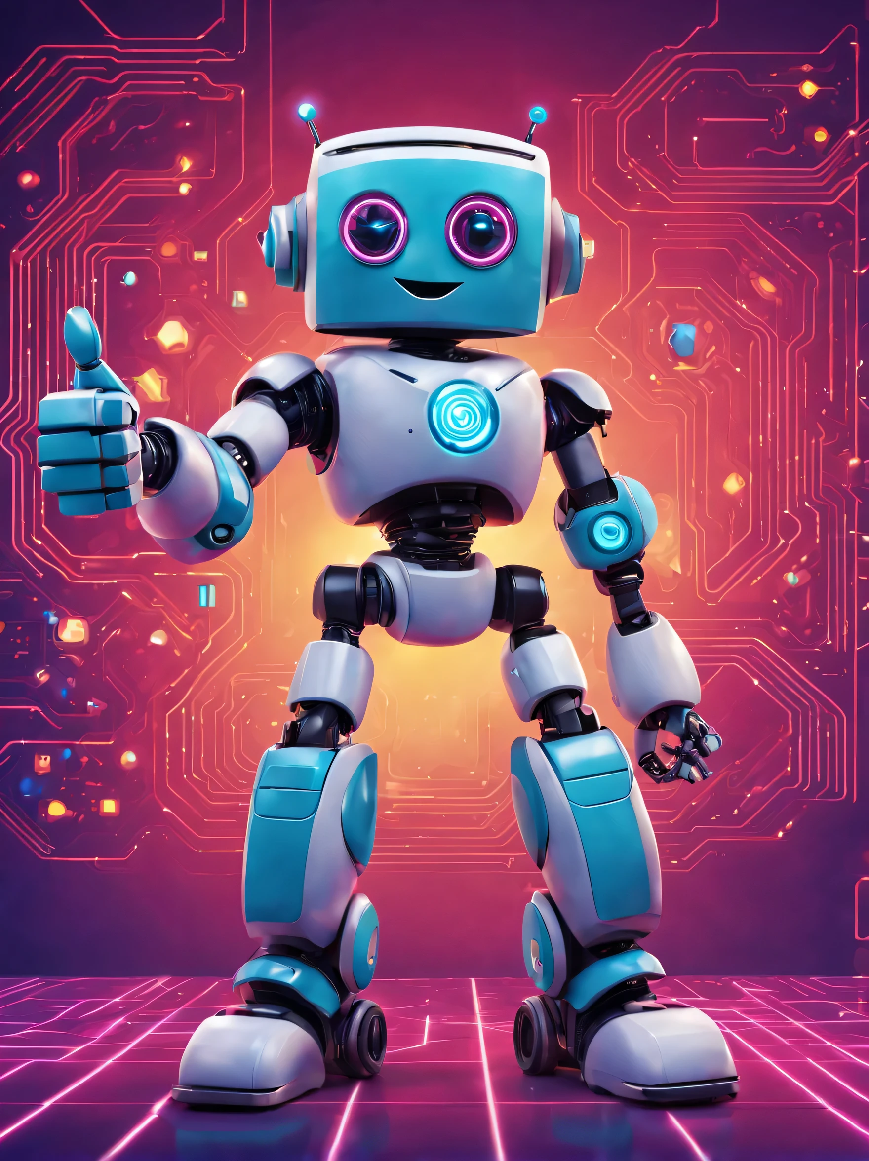 Full Body Portrait, Super Friendly Robot, smiling with thumbs up. Animated Smile and Face, Colorful Electronic Circuit Background