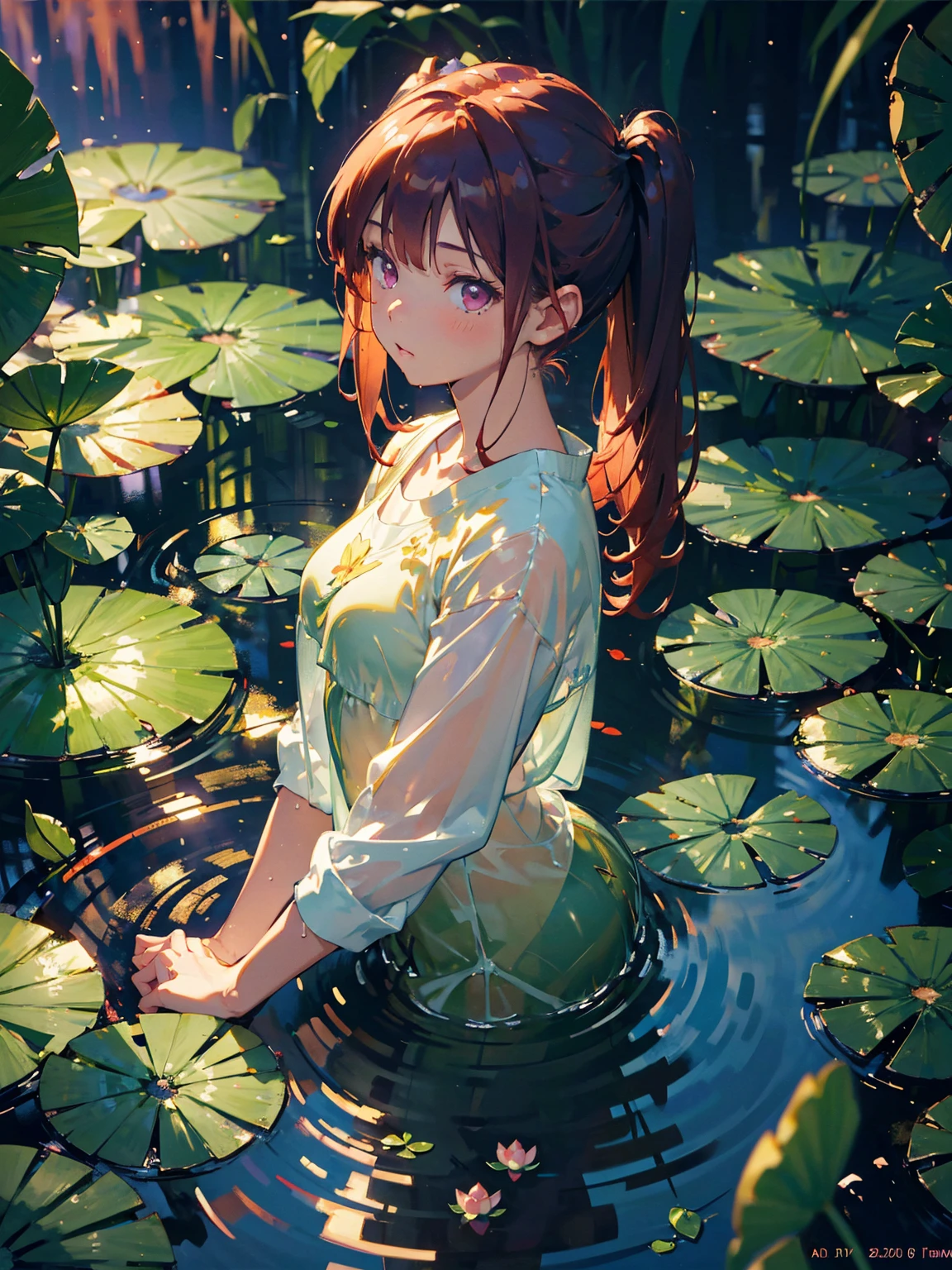 masterpiece, 1 girl, short twintails, red hair, purple eyes, Wallpaper, summer pond, pond, afternoon sun, surrounded by lotus leaves, pond background, depth of field, hot weather, high definition detail, wet, ultra detail, movie, soft light, deep field focus bokeh, Ray Tracing, Diffuse (Extra Fine Glass Reflections), medium breasts
