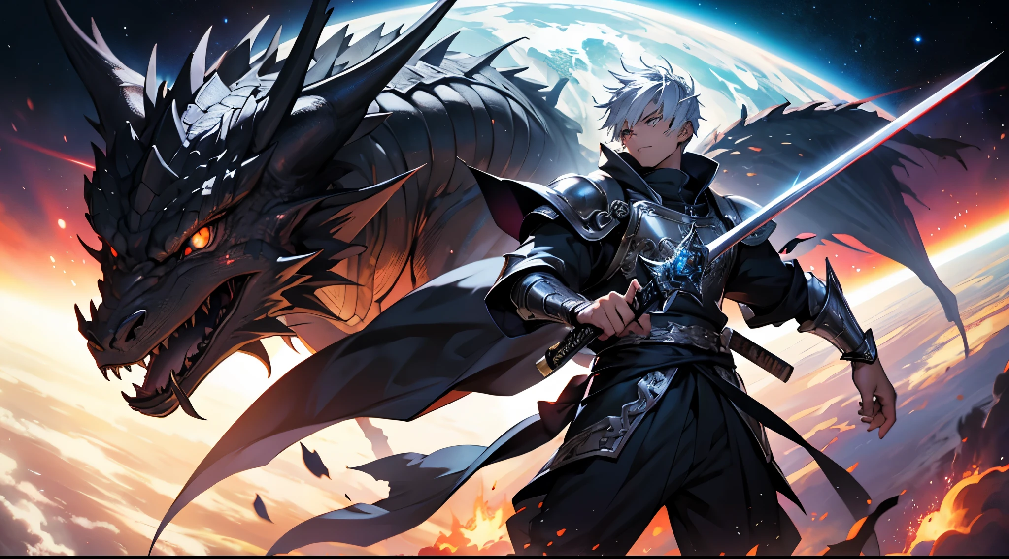 Young man, anime style, dragon carved silver armor, carrying a big sword, black flames, in space, ultra HD, carrying a black dragon, fighting