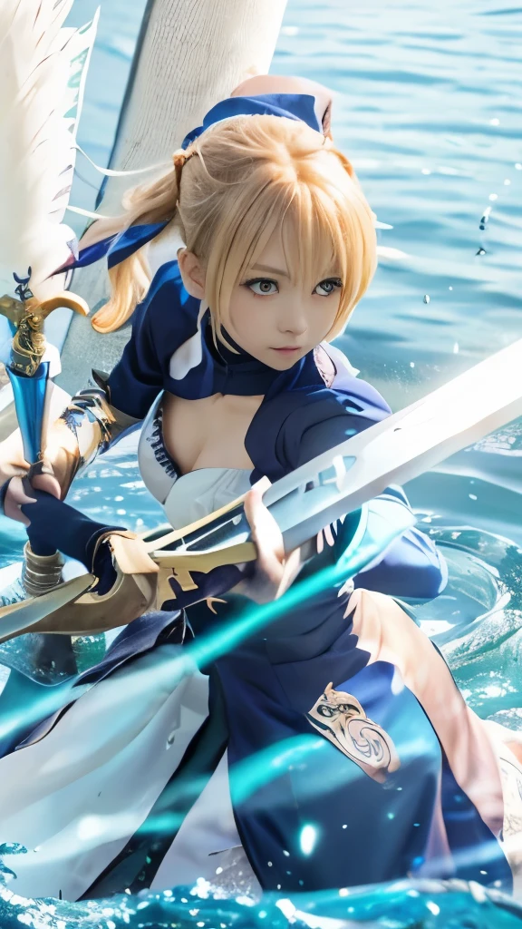 anime girl with sword and sword in water with blue background, artoria pendragon, anime style like fate/stay night, fate / stay night, alicization, fate stay night, fate/zero, fate zero, female protagonist 👀 :8, fate grand order, inspired by Li Chevalier, anime epic artwork, anime arts, epic light novel cover art