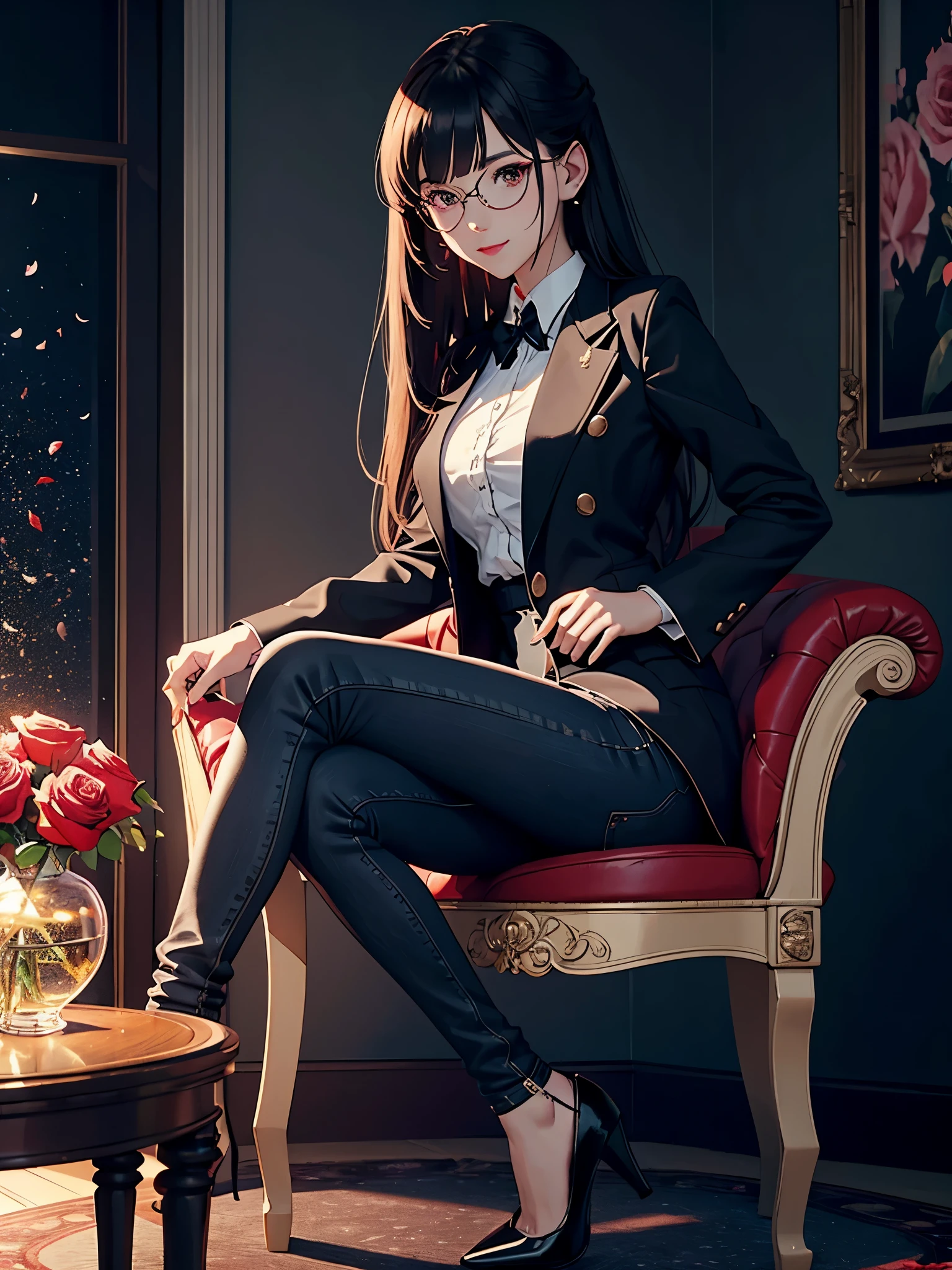 perfect face , 4k quality, detailed properly , masterpiece, anime style) Create a 3D animation of a girl from side view for a portrait picture where a anime girl with cute smile holding a rose in her hand wearing gentle Western dating out-fit, long coat , black jeans , heels , lipstick, spectacle , Sitting casually on a chair made up of rose🌹 petals The background features “Rose” in big and capital red neon light fonts on the black wall and her facebook profile show on her right side in a transparent glass where a small photo of her present and written "Happy Rose day"🌹