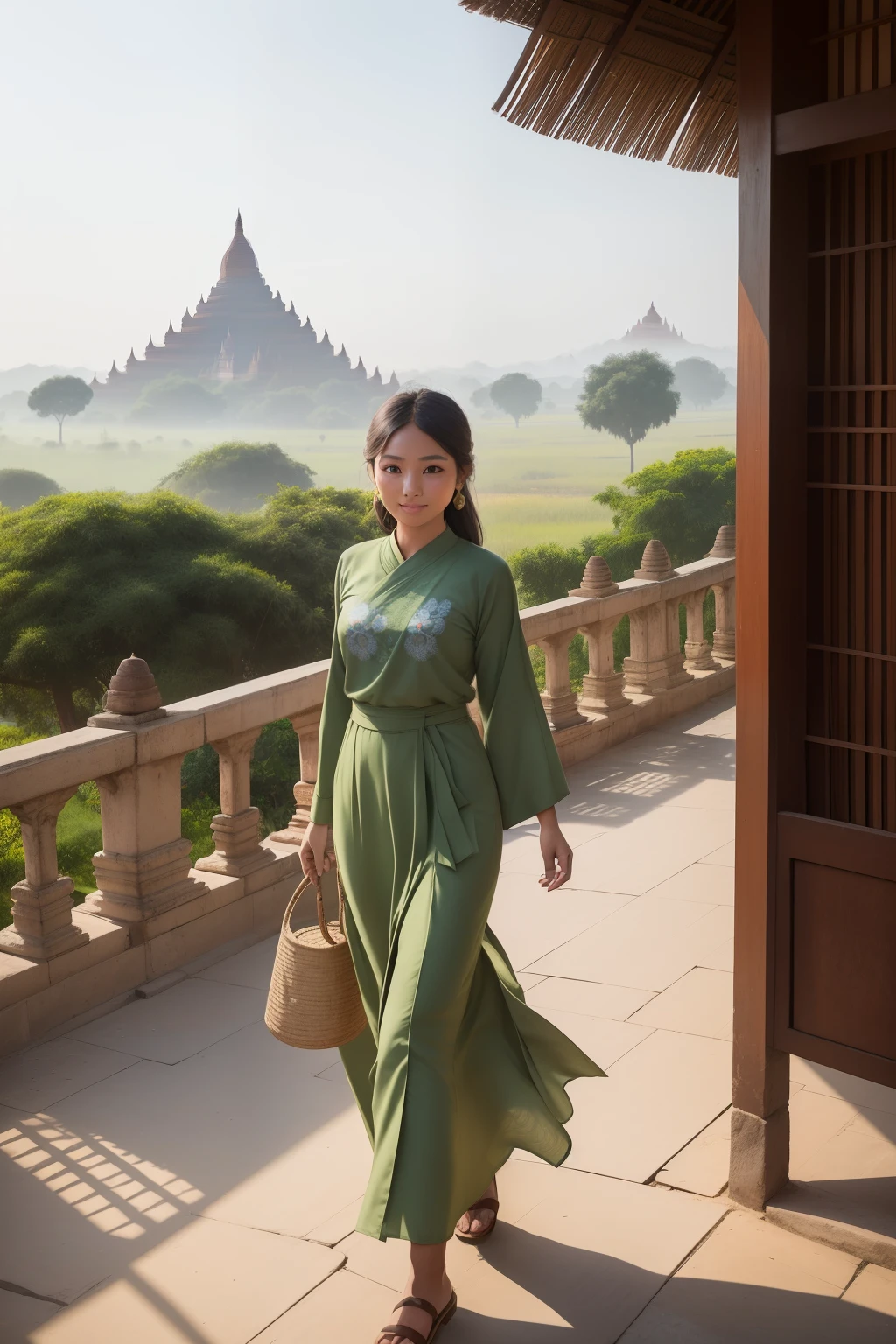 A captivating girl graces the streets of Bagan, her radiant smile revealing adorable dimples. Dressed in an authentic Burmese attire, she dons an olive green ACMM top with long sleeves, the fabric gently flowing around her. Her outfit is completed by an olive green ACMM long skirt, intricately printed with traditional Burmese motifs. The sun-drenched day sets the perfect scene as she walks among the outdoor scenery, with the ancient pagodas and ruins of Bagan serving as the photo background. The real-world location comes to life through the traditional media, with the clear blue sky overhead and the serene architecture complementing the lush greener