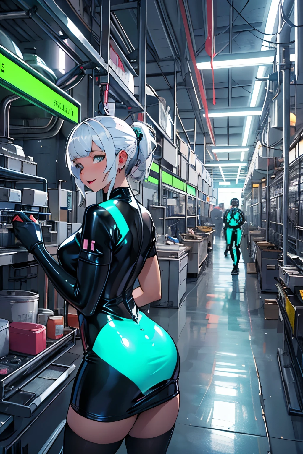 goup of people in chrome and neon factory with fetish dresses working with latex tools having fun